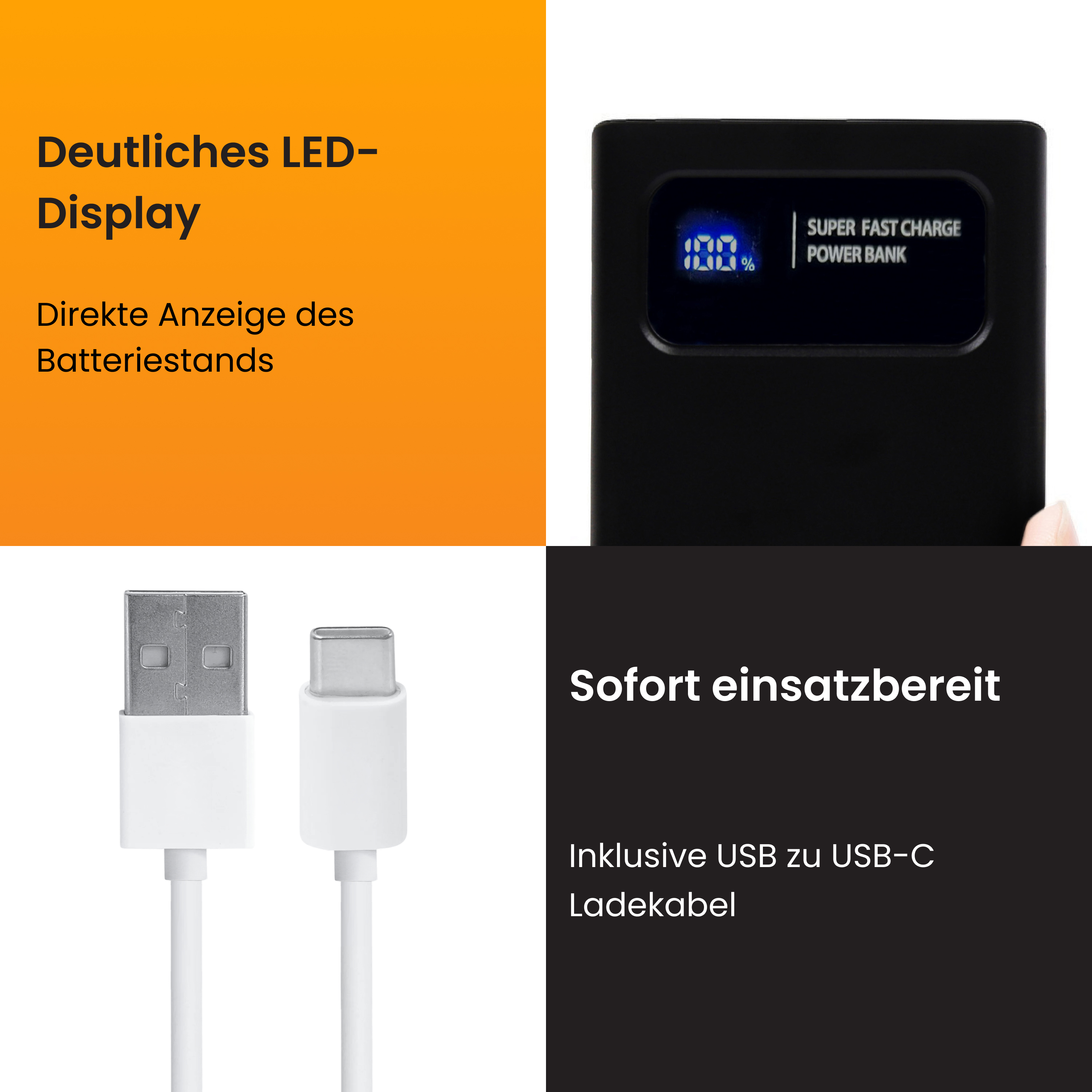 Schwarze Powerbank mit LED-Anzeige und USB-C-Kabel.