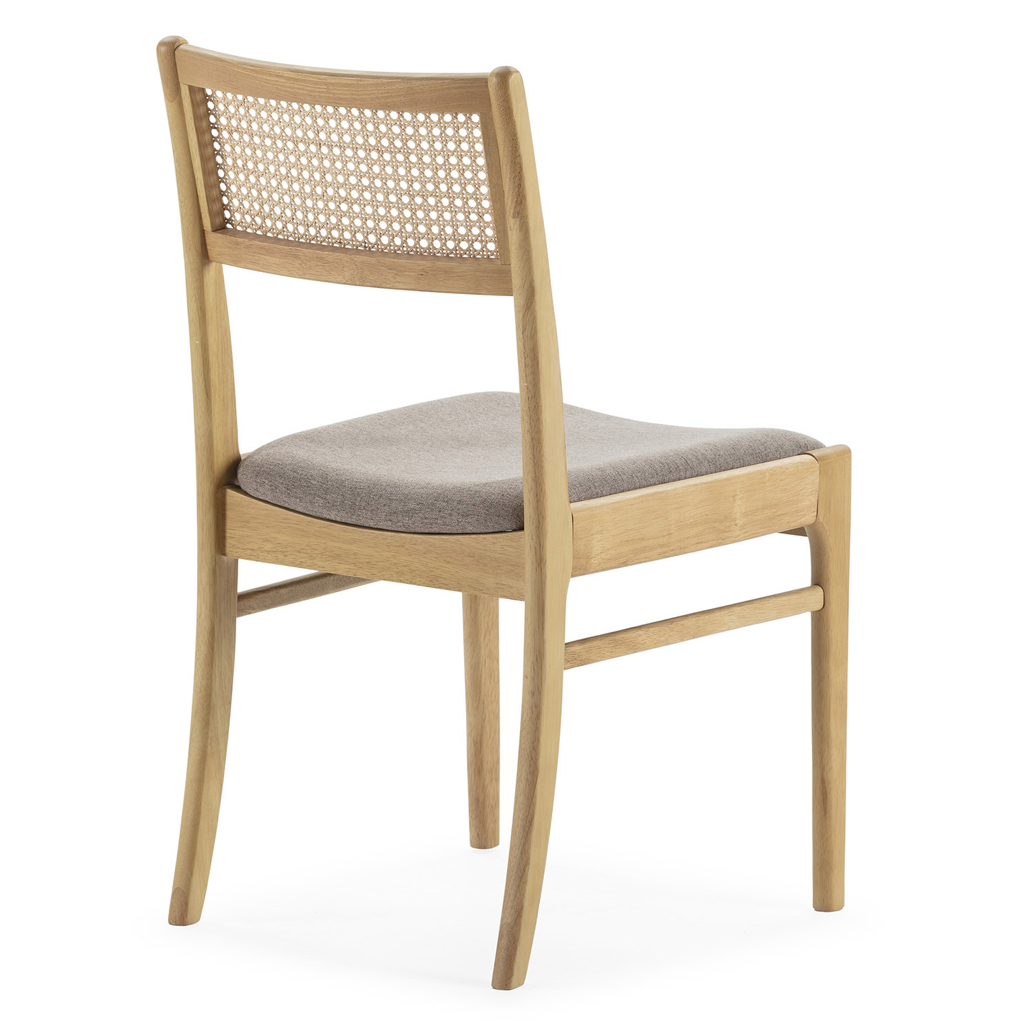 Una silla de madera con respaldo de ratán y asiento acolchado.
