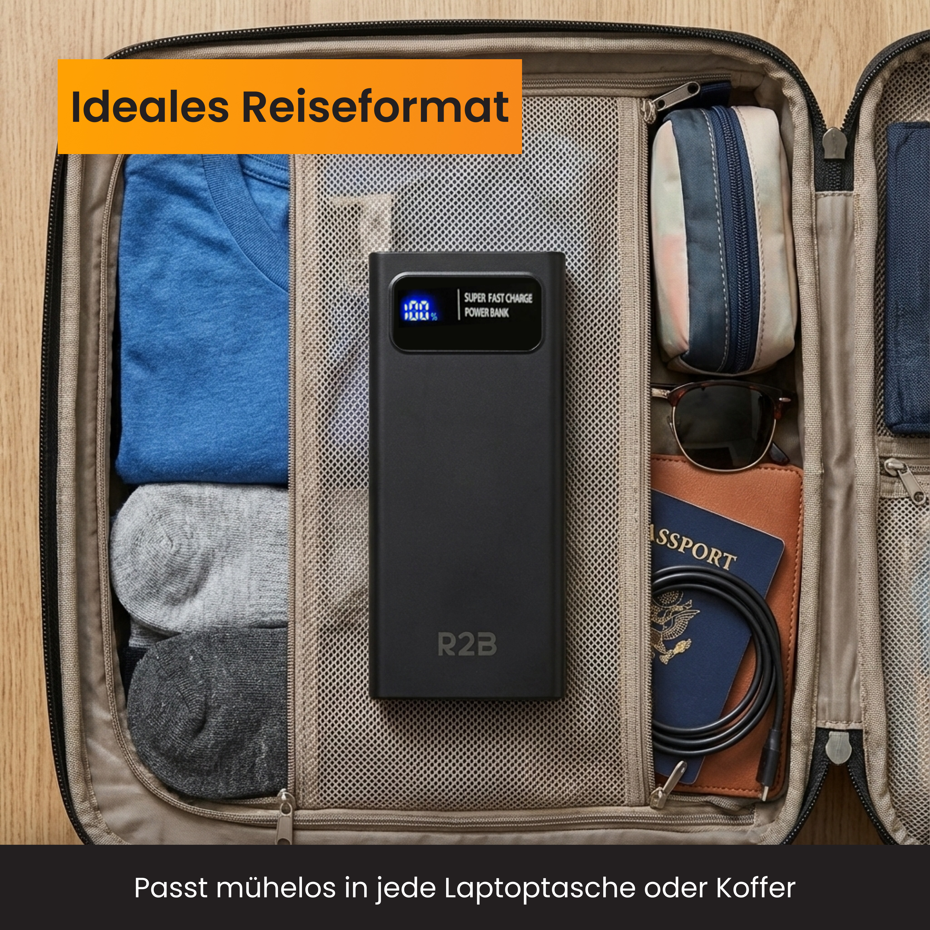Schwarzes Powerbank mit Display in einem Koffer mit Kleidung und Reiseutensilien.
