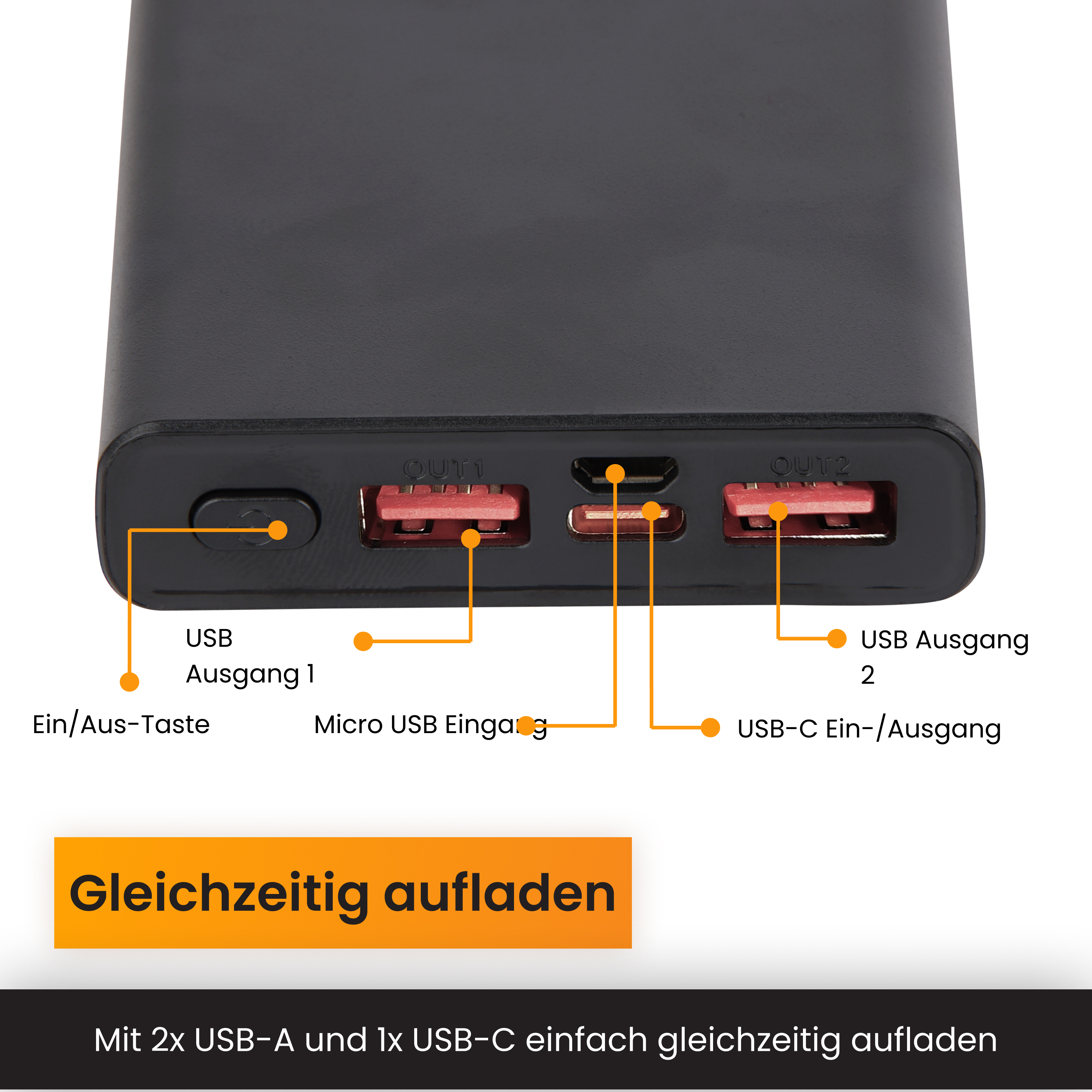 Schwarzes Powerbank mit 2x USB-A, 1x Micro-USB und 1x USB-C Anschlüssen.