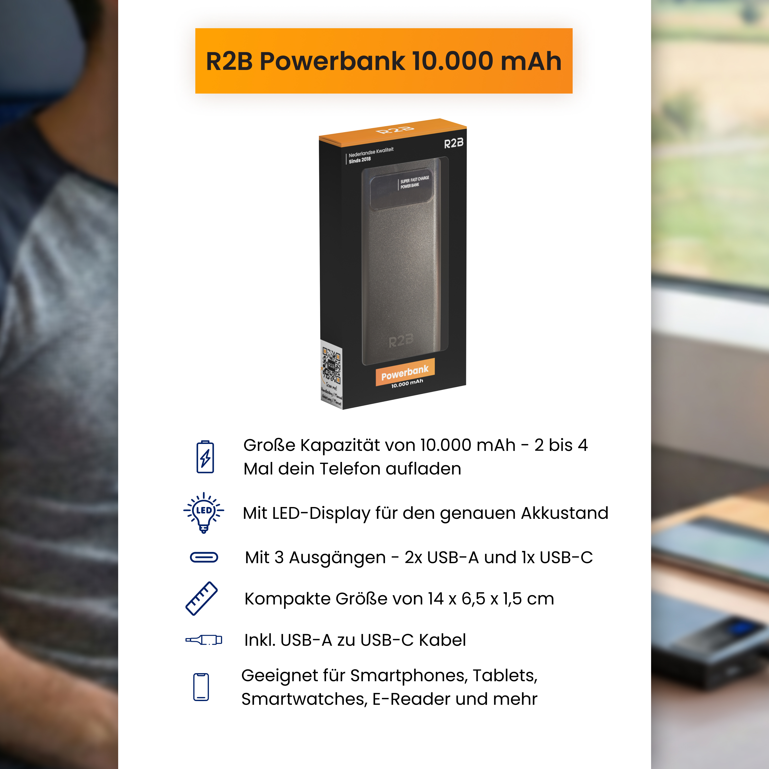 R2B Powerbank 10.000 mAh mit LED-Display, 3 Ausgängen, kompaktem Design.