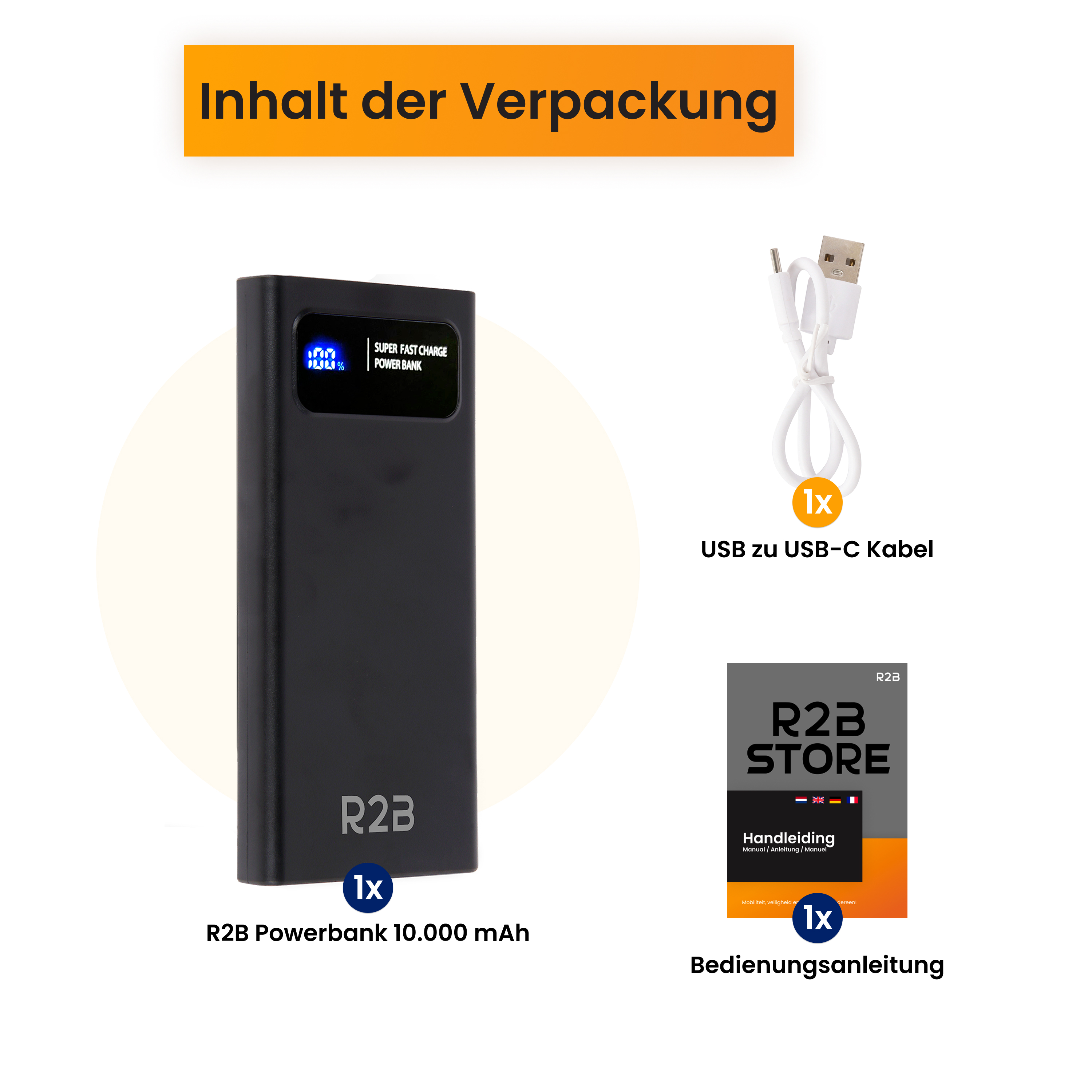 Verpackungsinhalt: Schwarze Powerbank, USB-C Kabel, Anleitung.