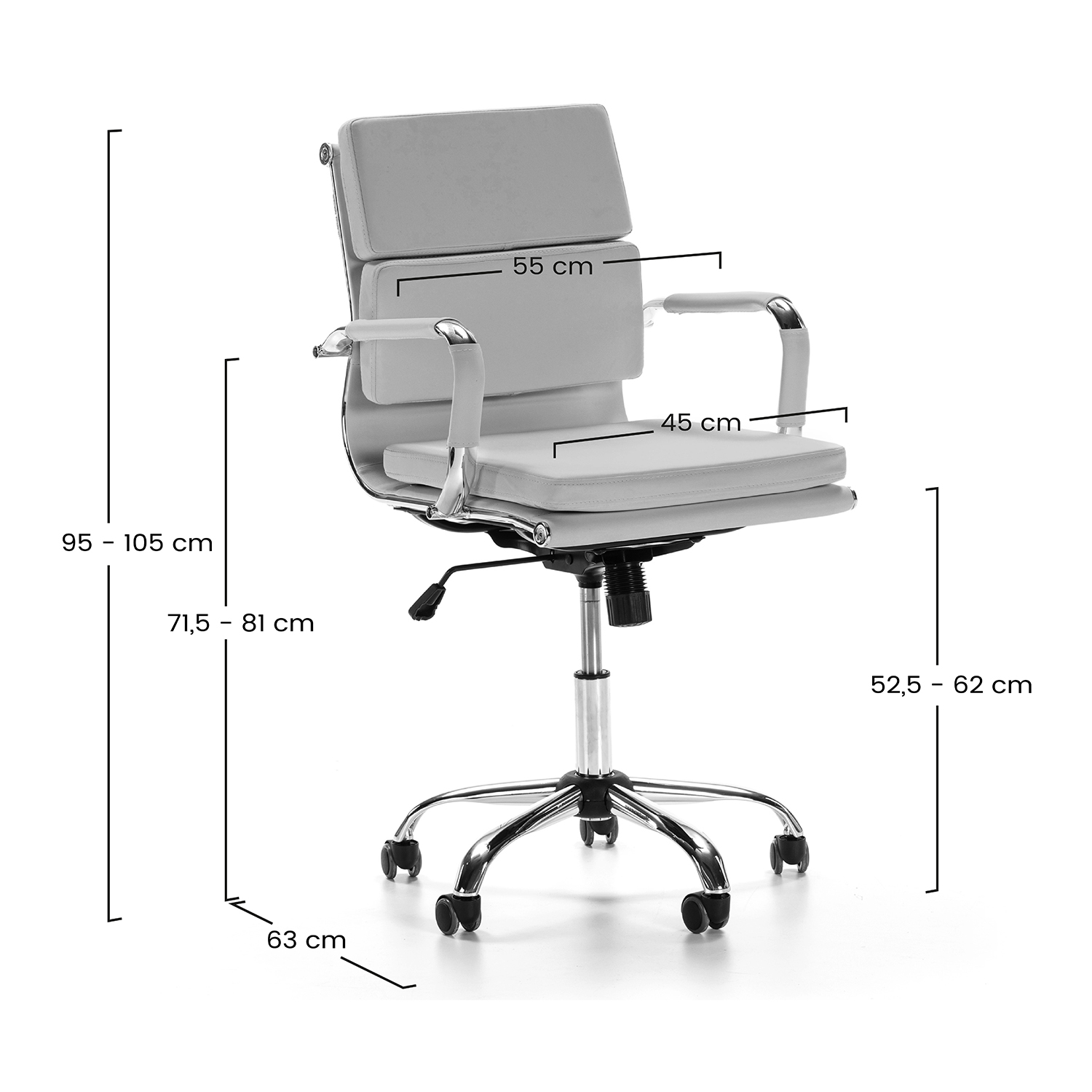 Silla de oficina gris claro con base y ruedas cromadas. Se indican las dimensiones.