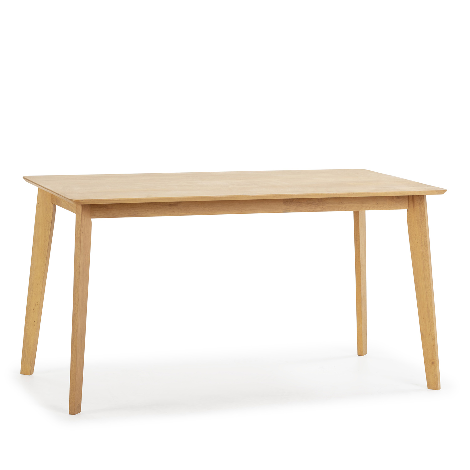 Una mesa de madera clara con cuatro patas sobre fondo blanco.