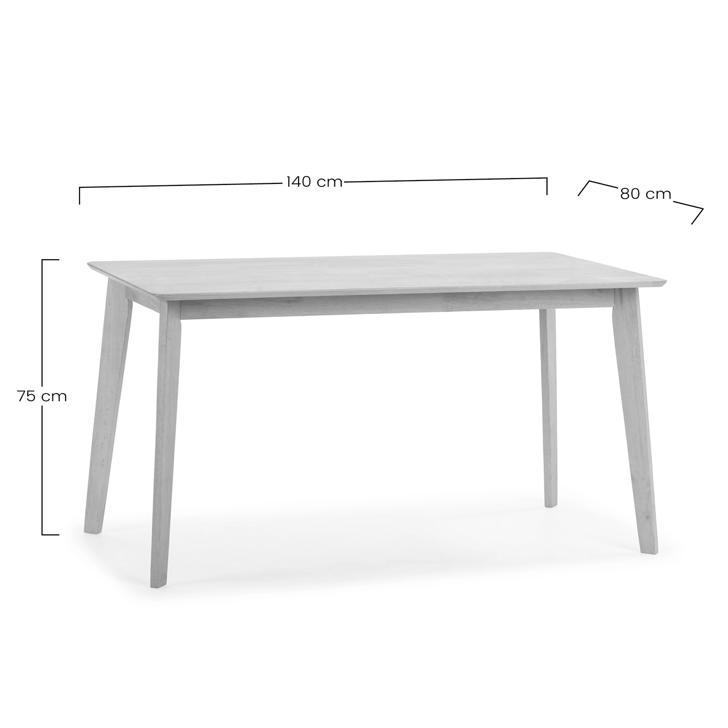 Una mesa de madera clara, 140x80x75 cm, sobre fondo blanco.