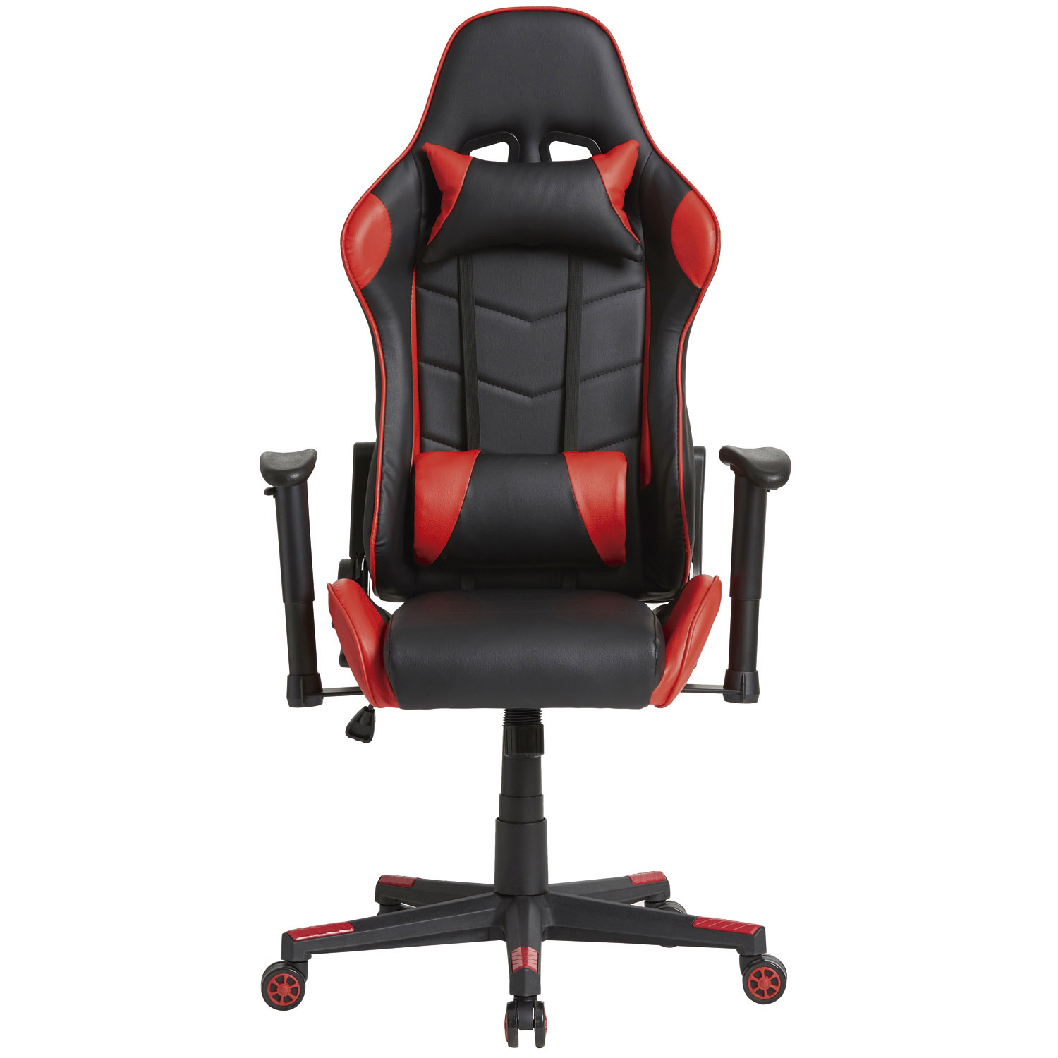 Una silla gamer negra y roja con respaldo alto, cojín lumbar y reposabrazos sobre base con ruedas.