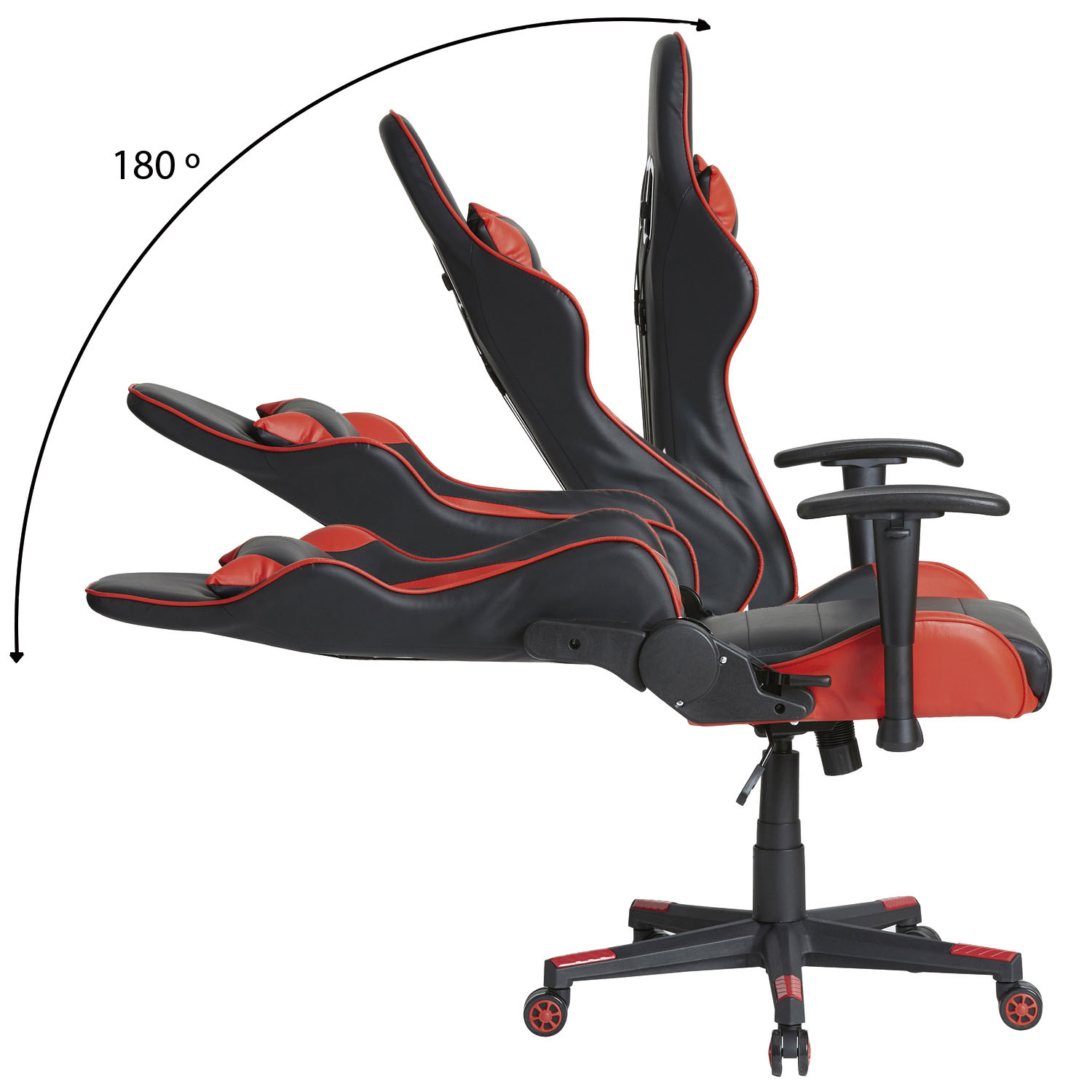 Una silla gamer negra y roja con el respaldo reclinado 180 grados.