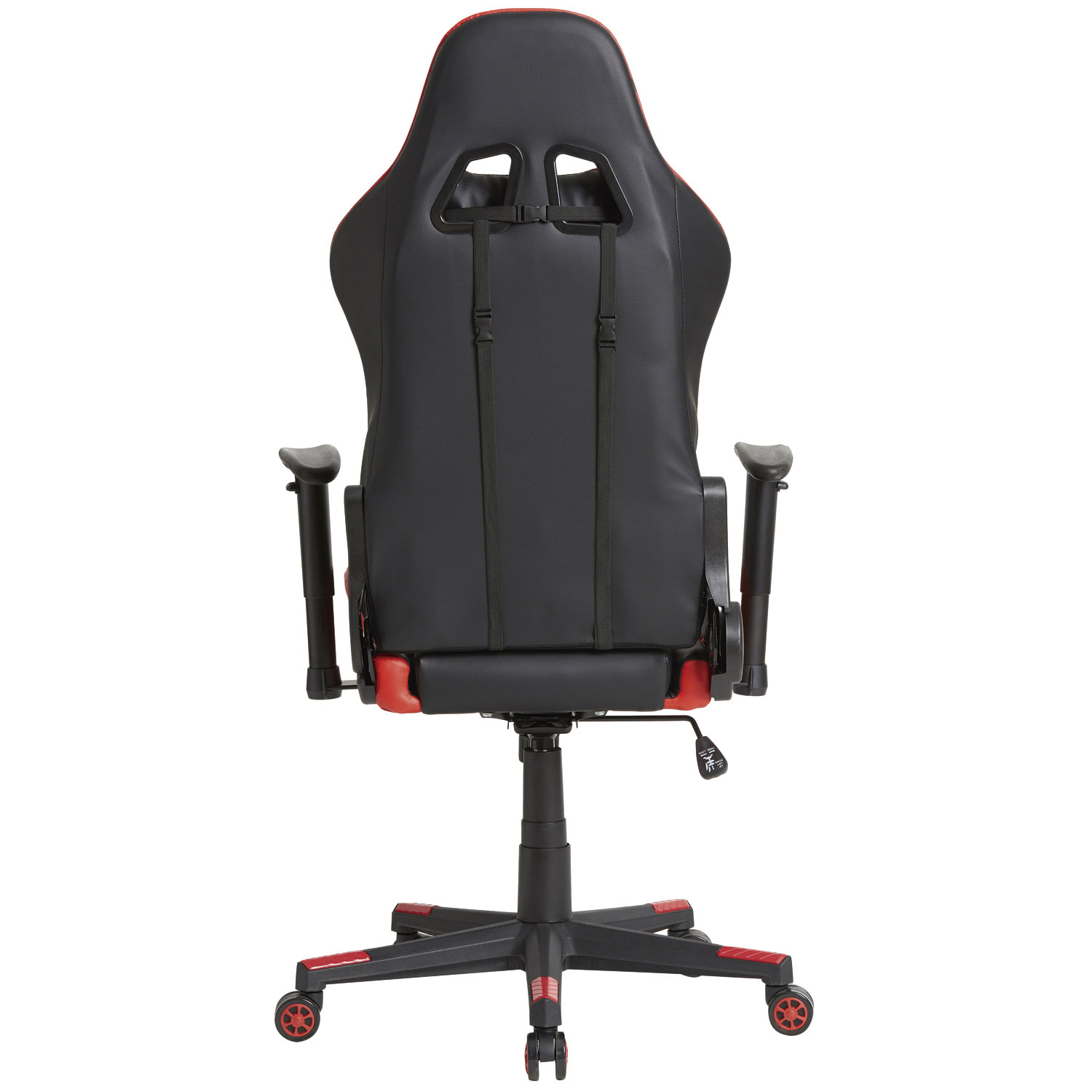 Vista trasera de una silla gamer negra con detalles rojos y ruedas.