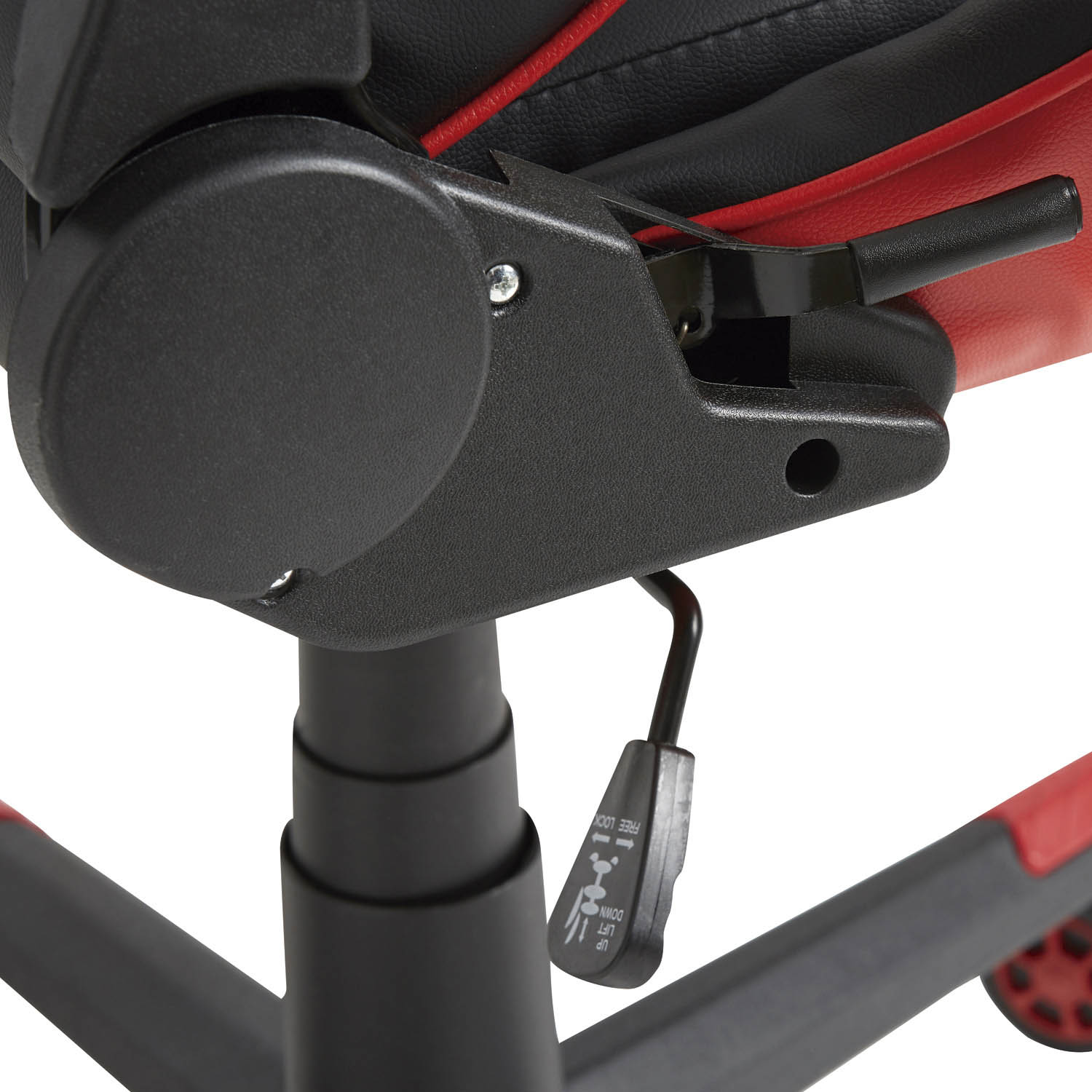 Primer plano del mecanismo de silla negro y rojo con palancas y ruedas.