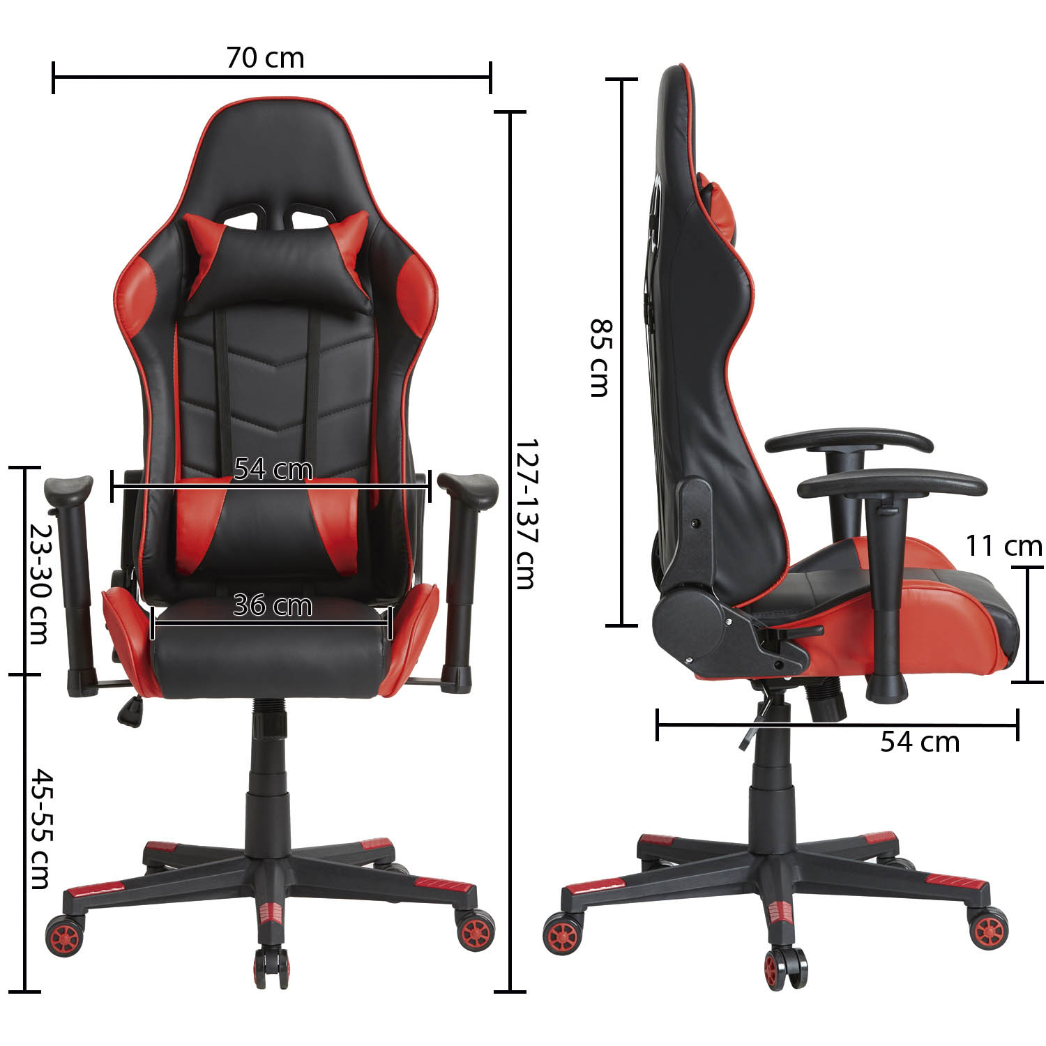 Silla gamer negra y roja con dimensiones: 70cm ancho, 127-137cm alto.