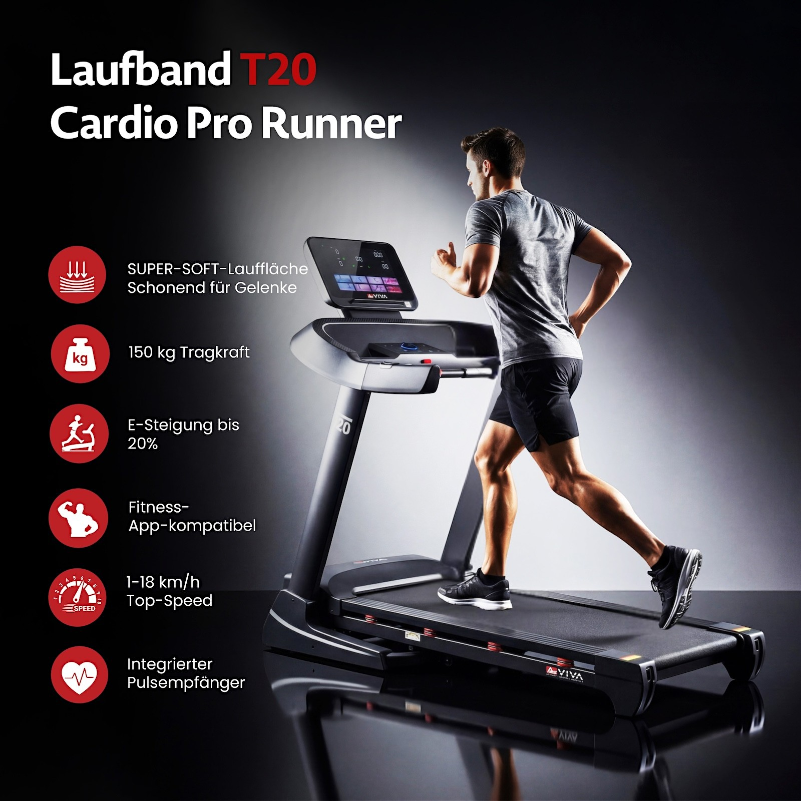 Ein Mann läuft auf einem Laufband mit digitaler Anzeige und Produktmerkmalen.