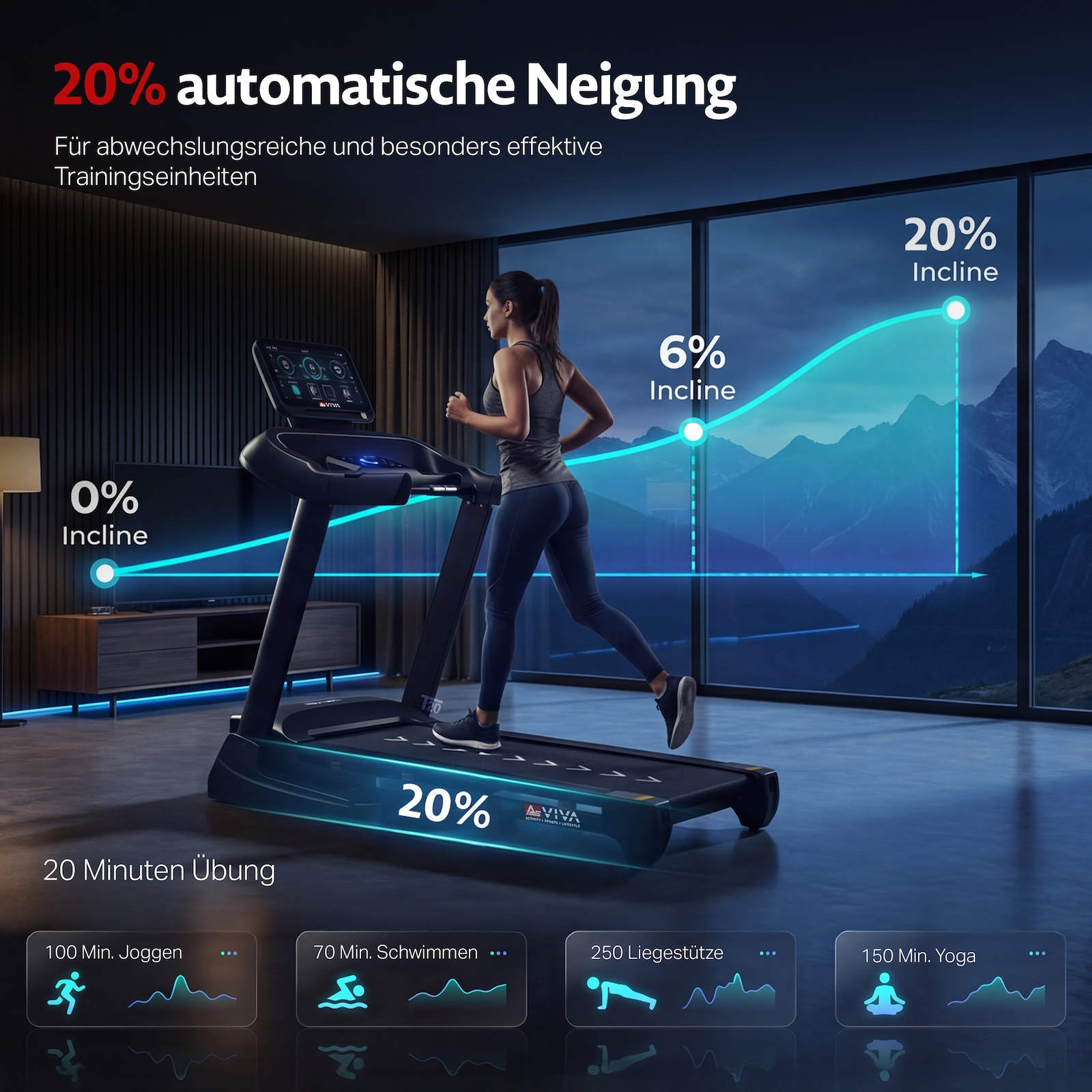 Frau läuft auf Laufband mit ansteigender Steigung von 0% bis 20%.
