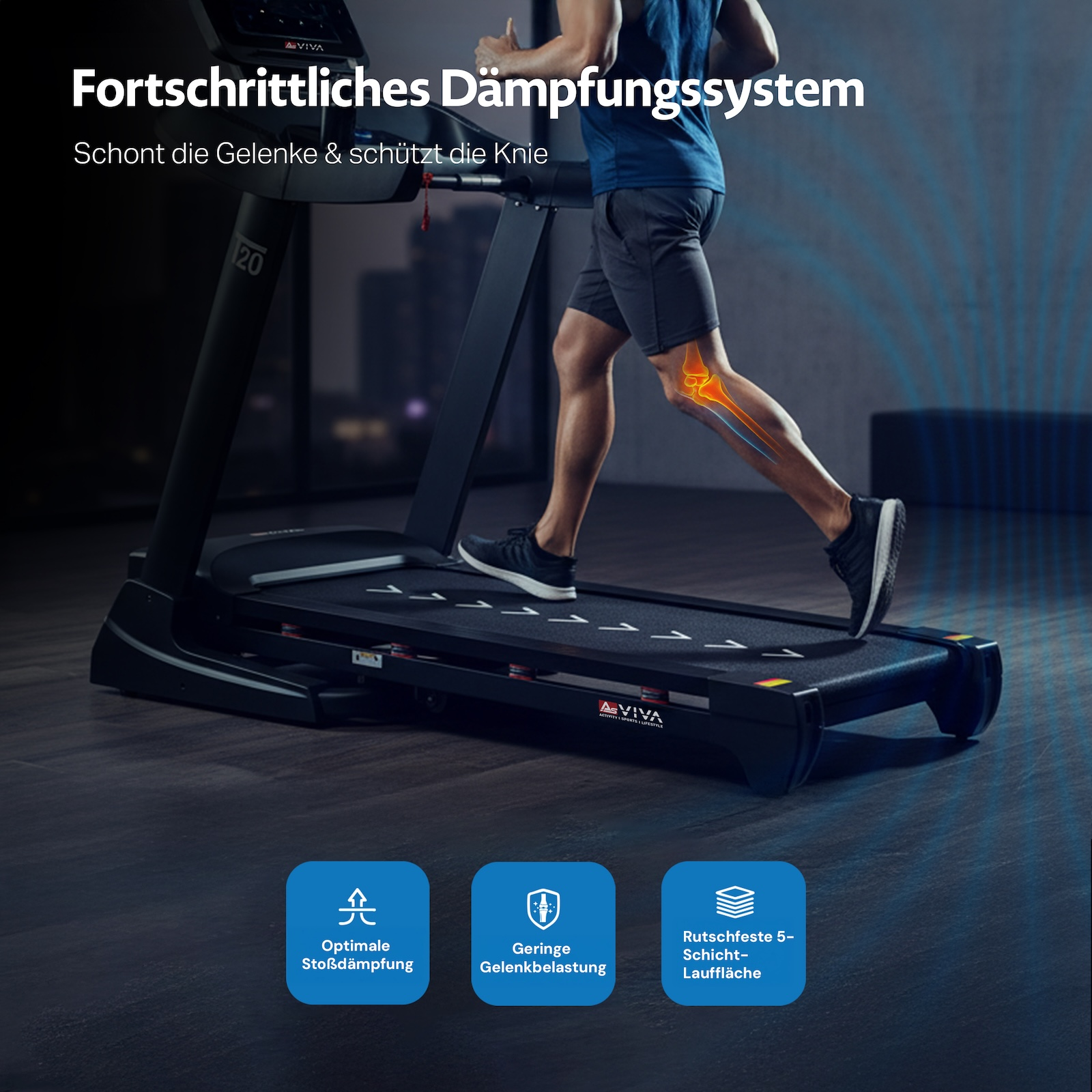 Mann läuft auf Laufband mit hervorgehobener Knieansicht für Dämpfung.