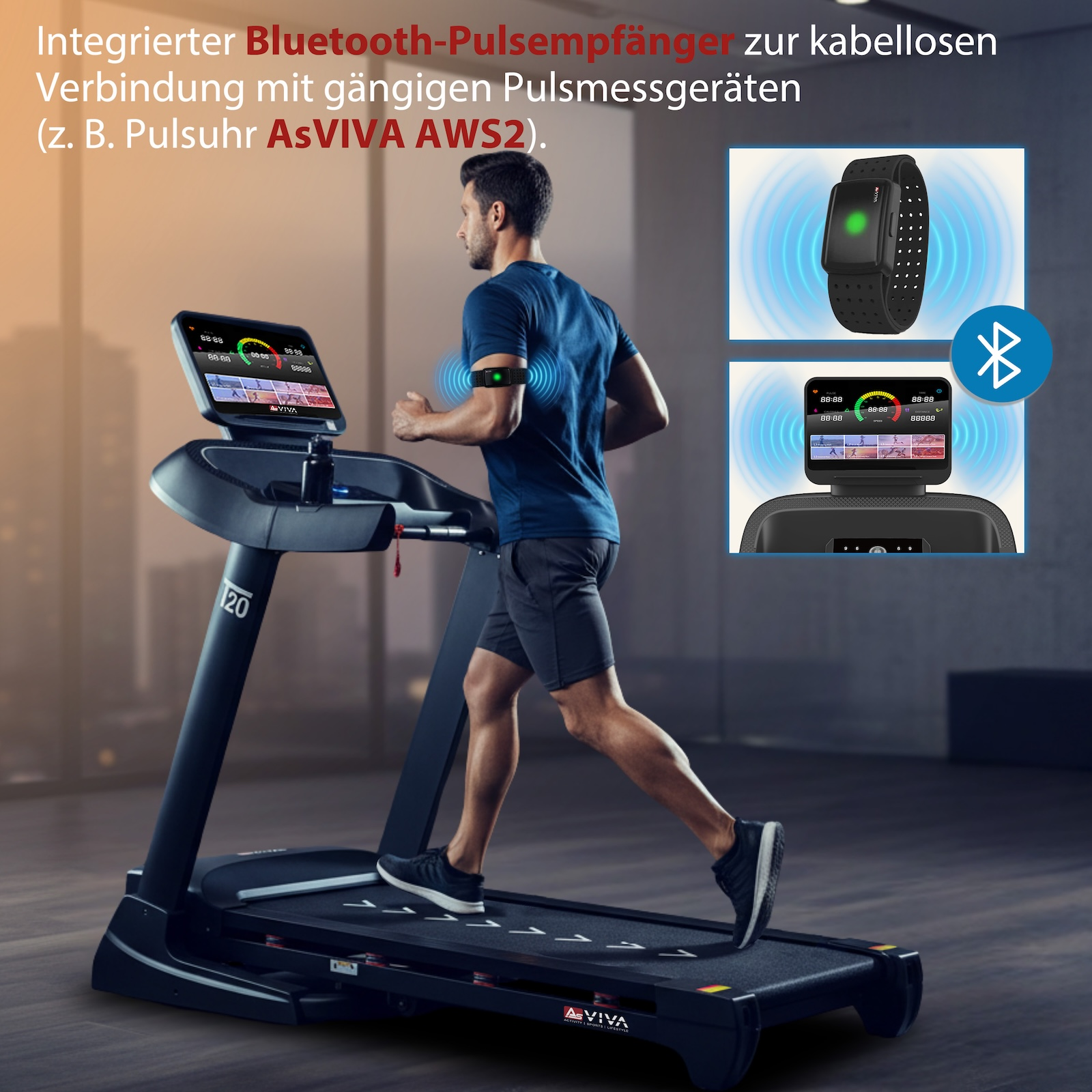 Mann läuft auf Laufband, Armband mit Herzfrequenzanzeige, Bluetooth-Symbol.