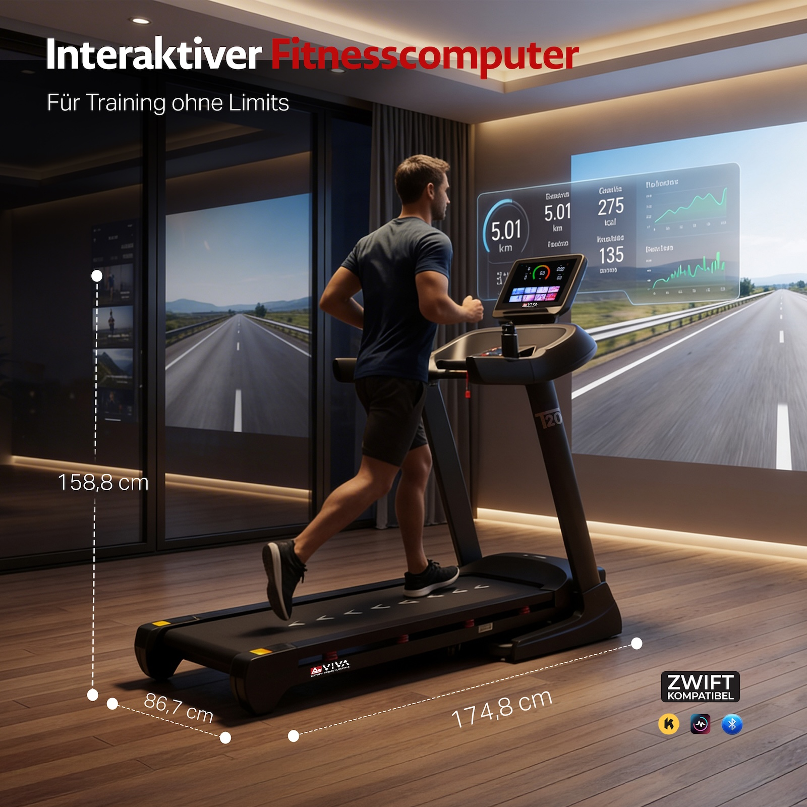 Mann läuft auf Laufband mit virtuellem Rennen auf dem Bildschirm, Fitnesscomputer.