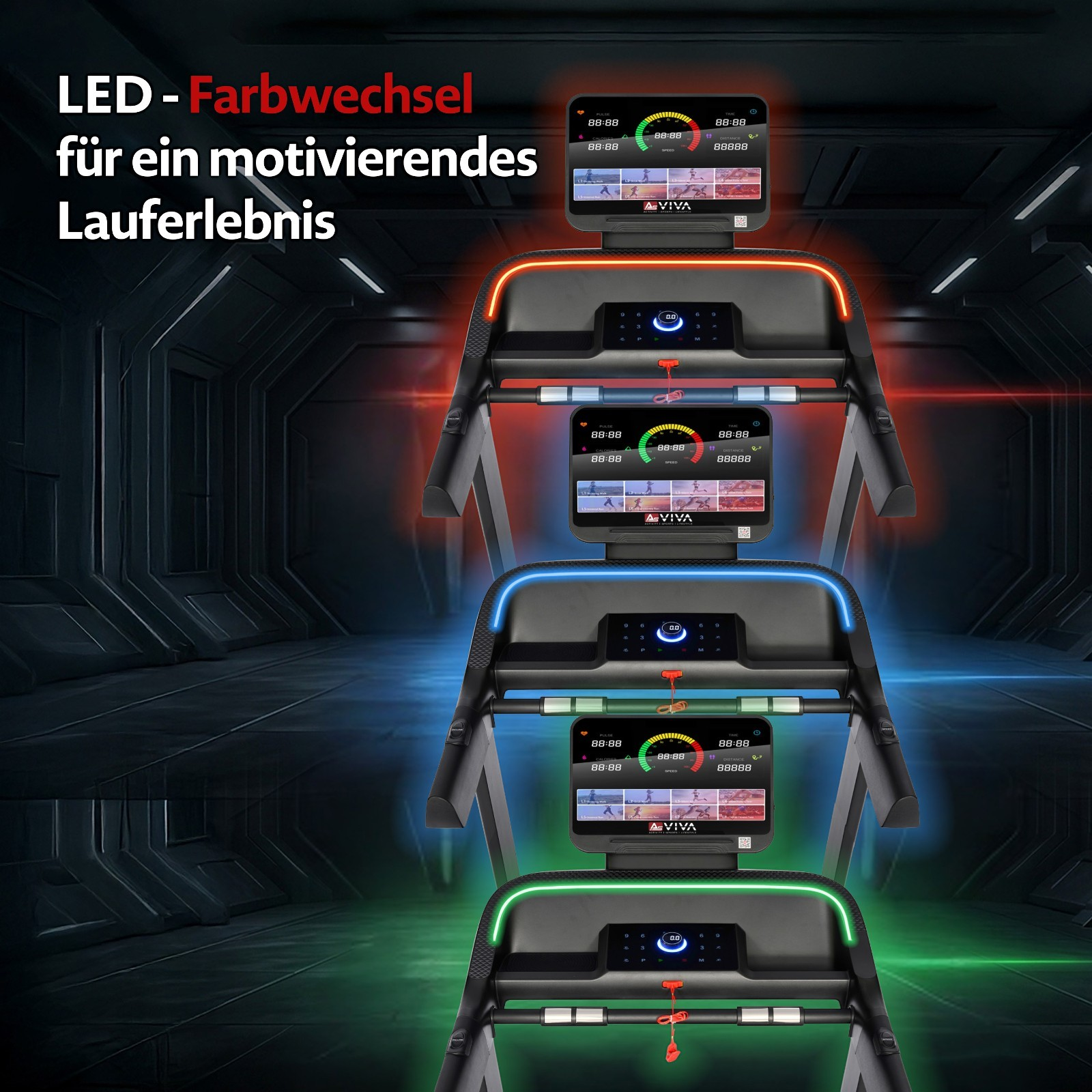 Mehrere Laufbänder mit farbiger LED-Beleuchtung in Rot, Blau und Grün.