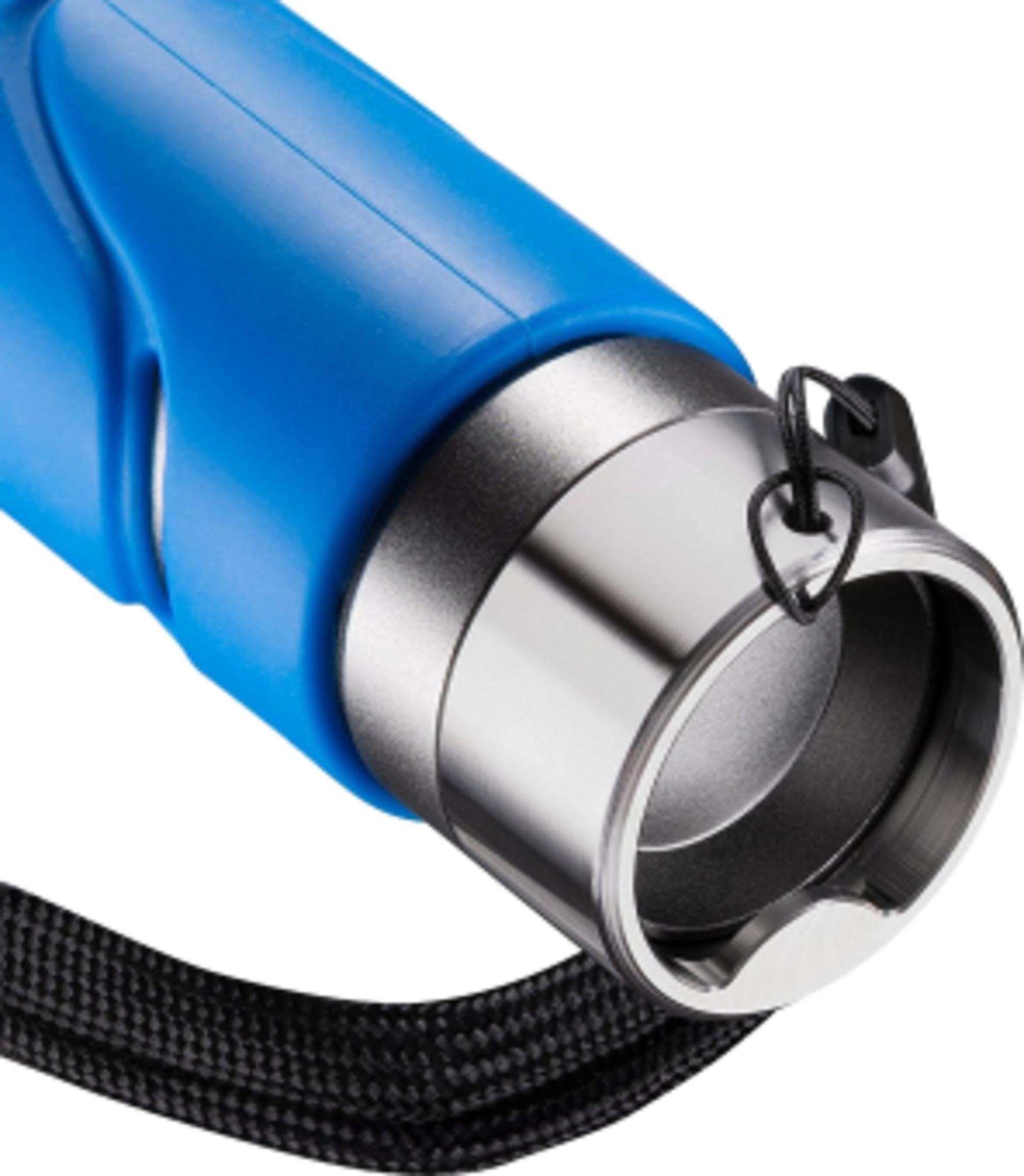 Un oggetto blu con parti metalliche argentate e un cordino nero.