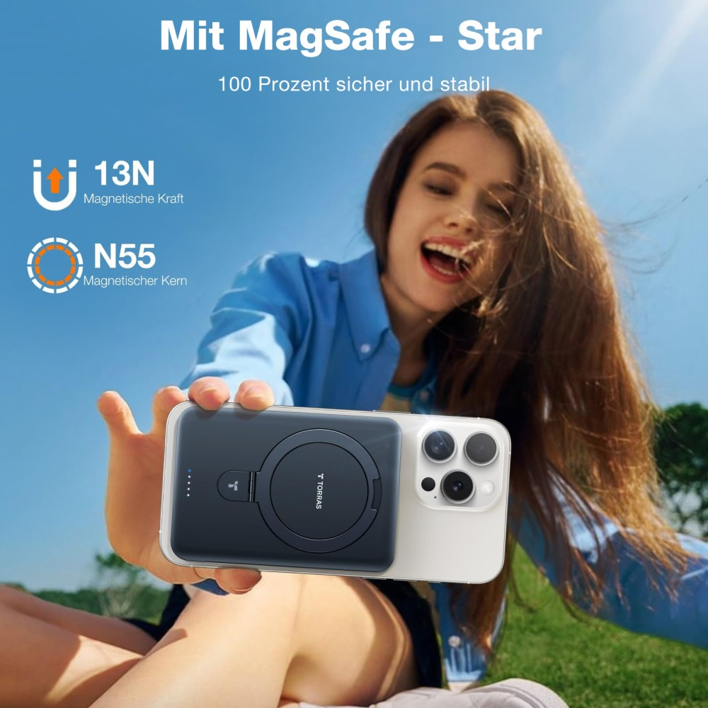 Femme tient chargeur MagSafe à l'iPhone. Texte : 13N Force Magnétique, Noyau Magnétique N55.