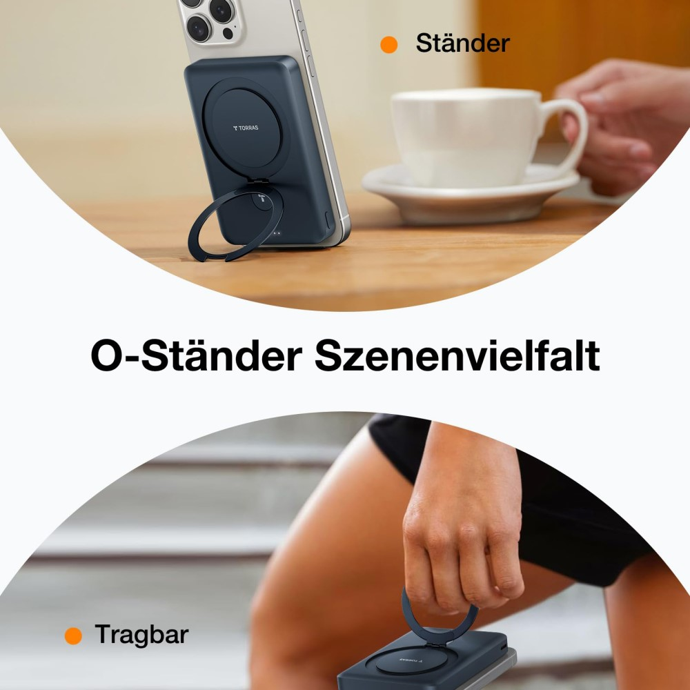 Un téléphone avec un support foncé repose sur une table à côté d'une tasse de café.