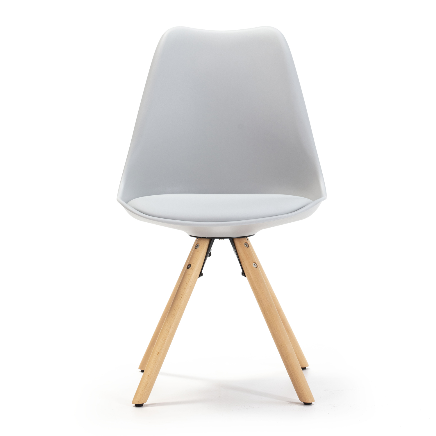 Una silla gris con patas de madera y asiento blanco, aislada sobre fondo blanco.