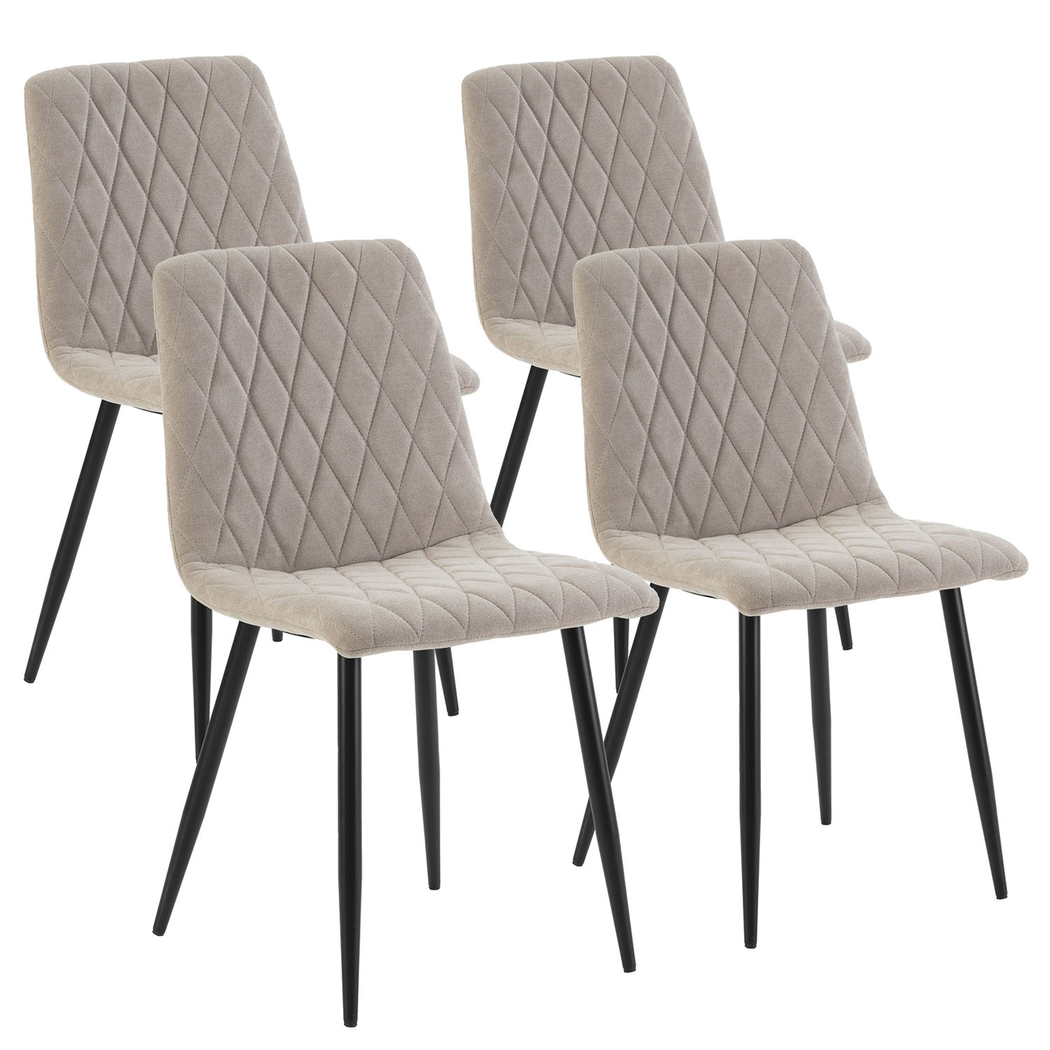Cuatro sillas beige claro con acolchado de diamantes y patas negras.