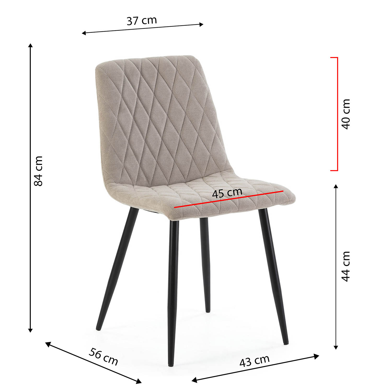 Se muestra una silla de comedor tapizada en gris con patas negras en ángulo, con dimensiones que incluyen altura 84cm, ancho 56cm y profundidad 43cm.