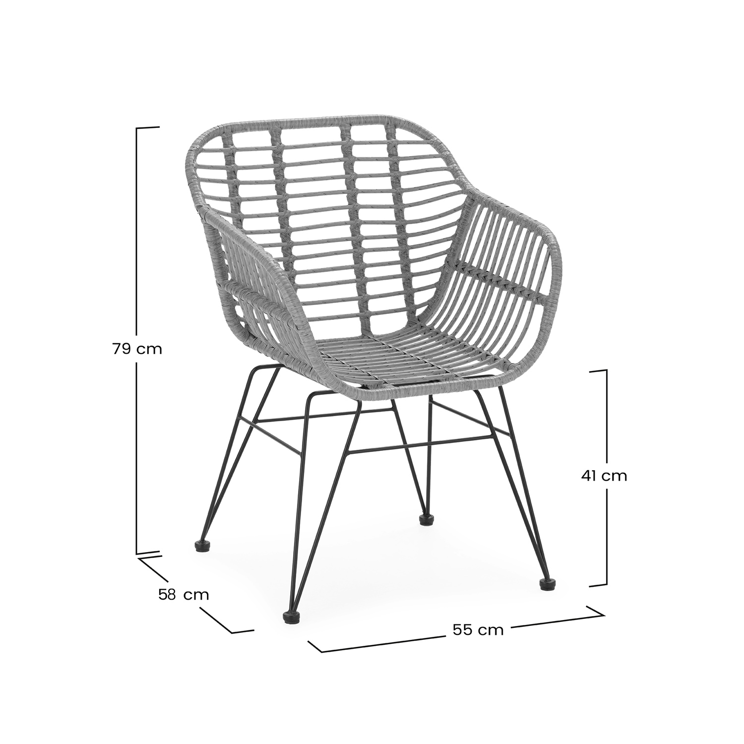 Sillón de ratán gris con patas de metal negro y dimensiones.