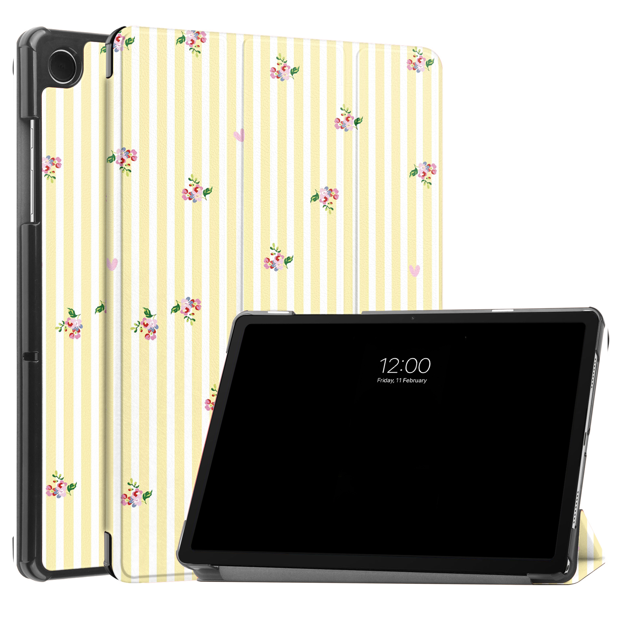 Yellow and white striped tablet case with flowers and hearts, with a black screen tablet.