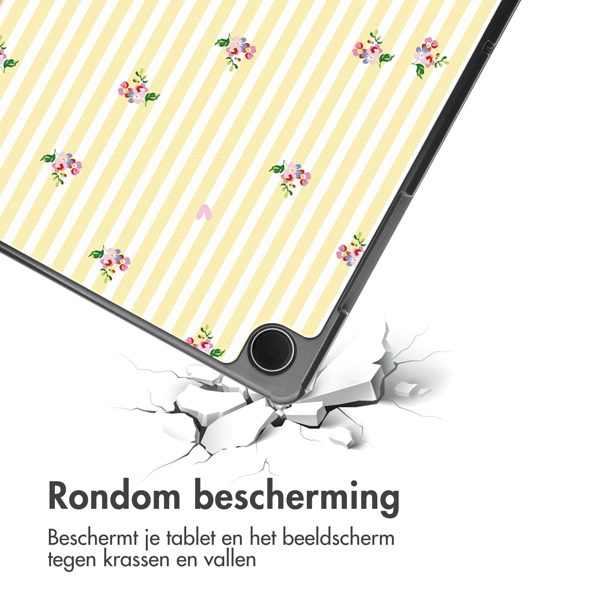 Yellow striped pattern with flowers, a tablet falling.