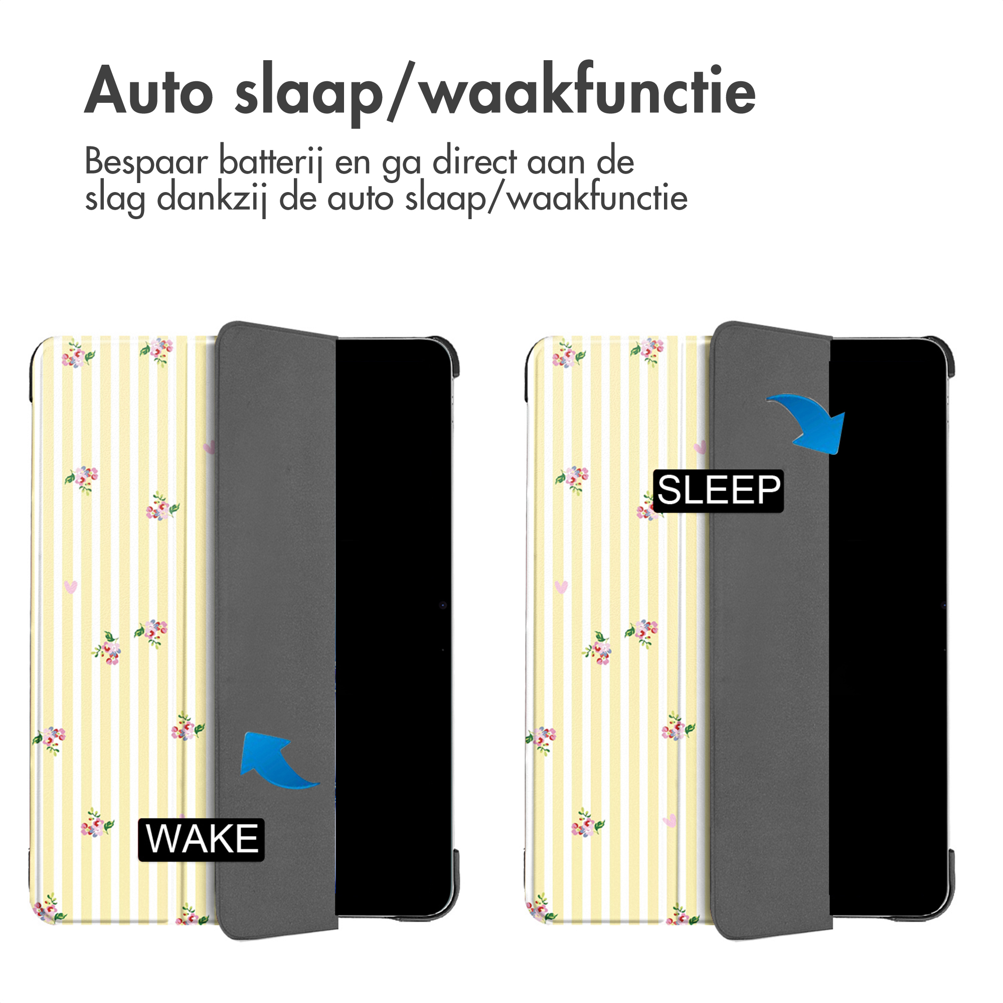 A tablet cover with yellow stripes and floral pattern, showing SLEEP and WAKE.