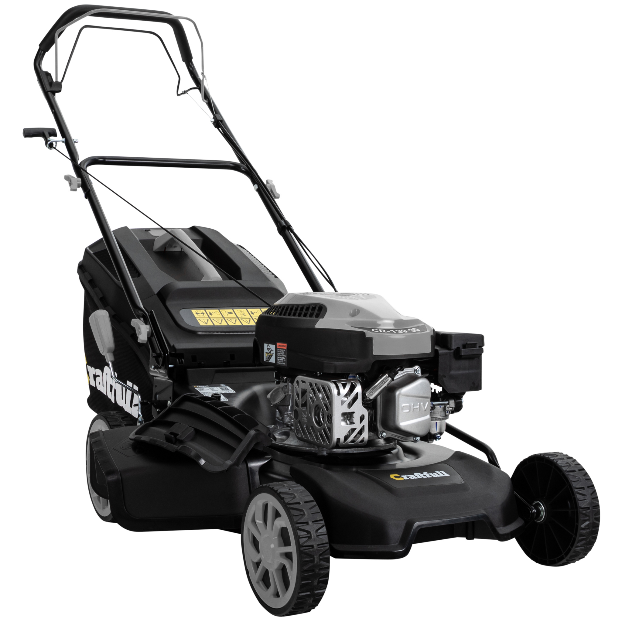 Ein schwarzer Rasenmäher mit grauem Griff und Motor. Weiße Räder vorne, schwarze hinten.