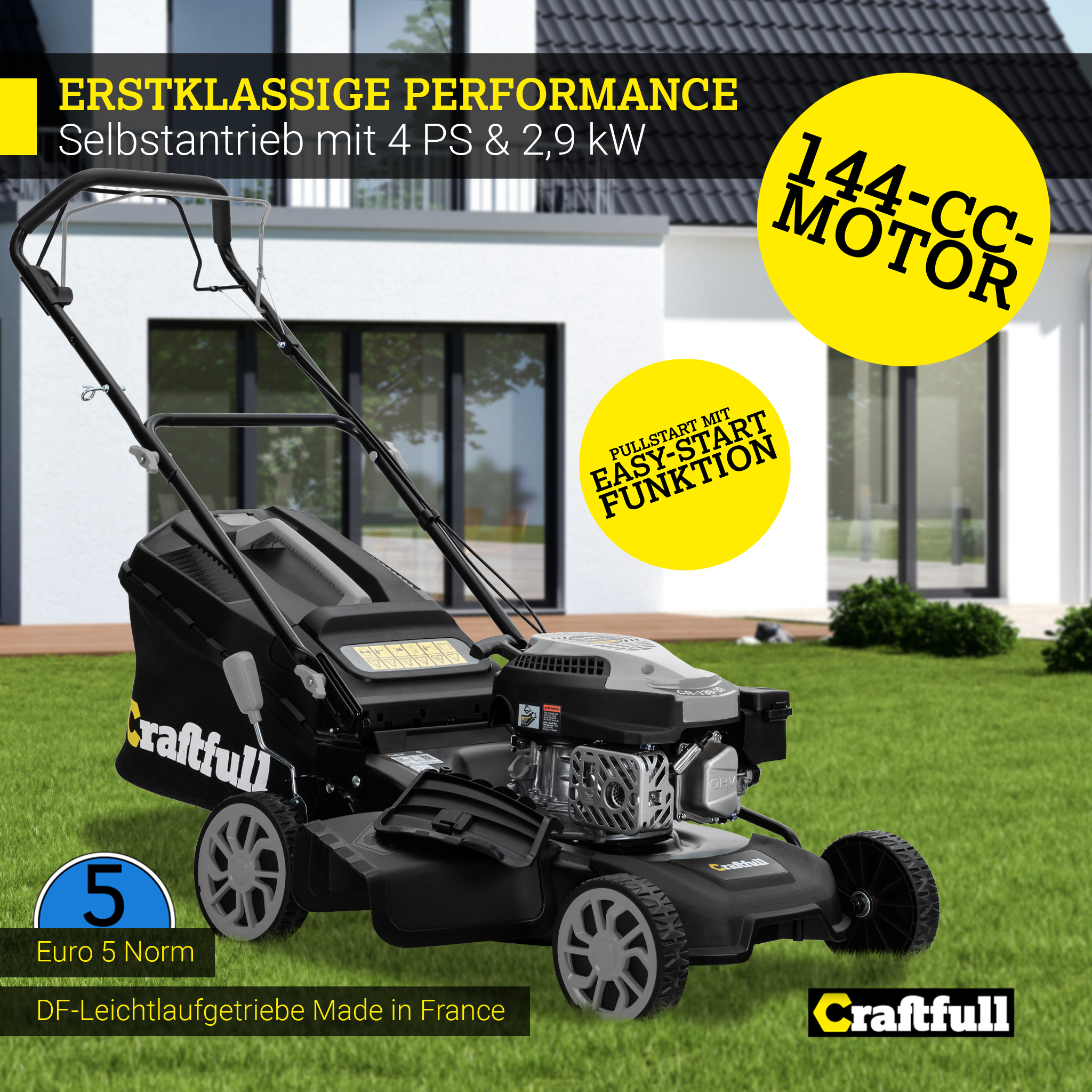 Ein schwarzer Rasenmäher mit 144-cc-Motor und 'Easy-Start-Funktion' steht auf Gras.