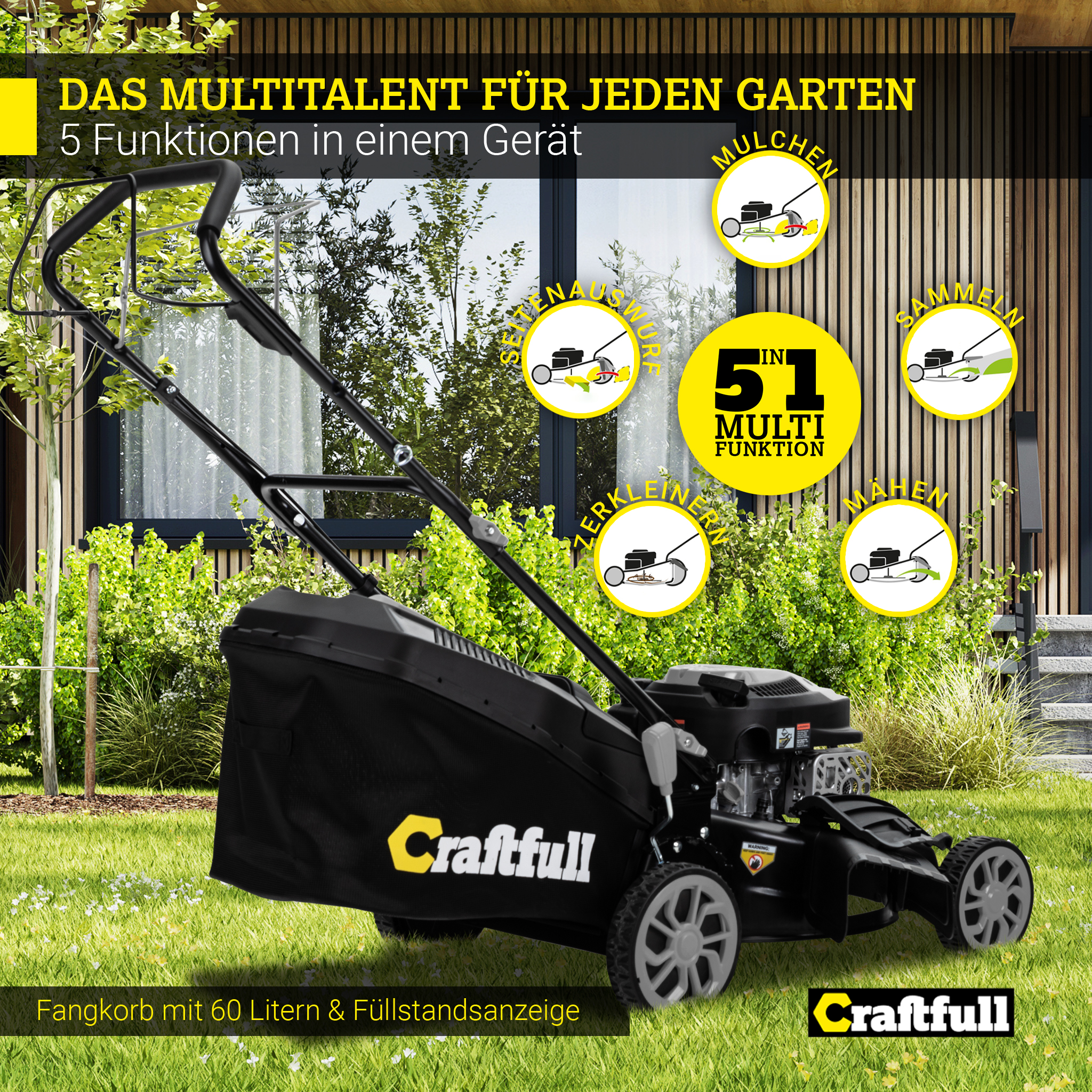 Ein Craftfull Rasenmäher mit Fangkorb steht auf grünem Gras vor einem Haus.
