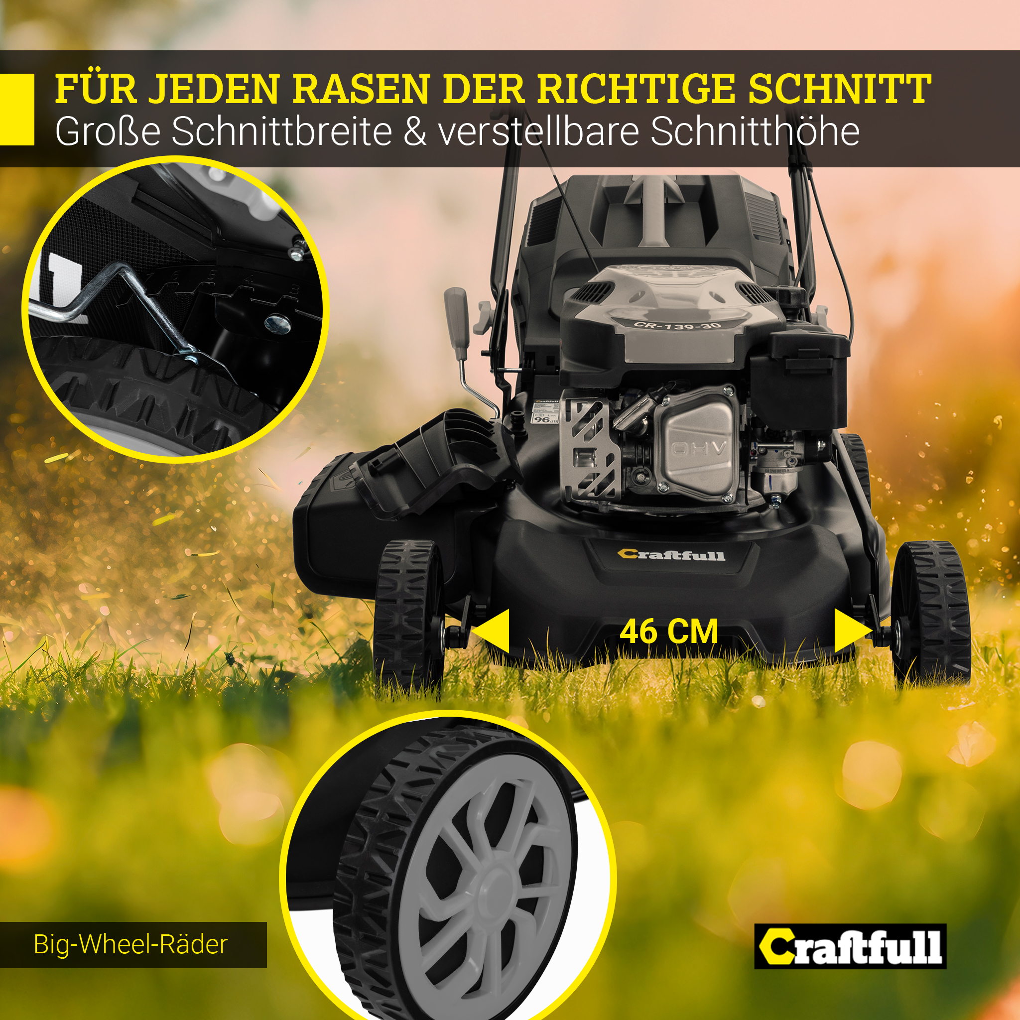 Ein schwarzer Rasenmäher mit gelben Markierungen auf grünem Gras.