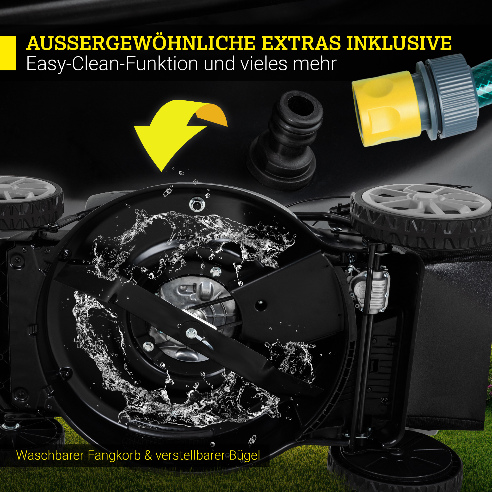 Rasenmäher mit Wassersprühfunktion, gelbem Pfeil und Text.