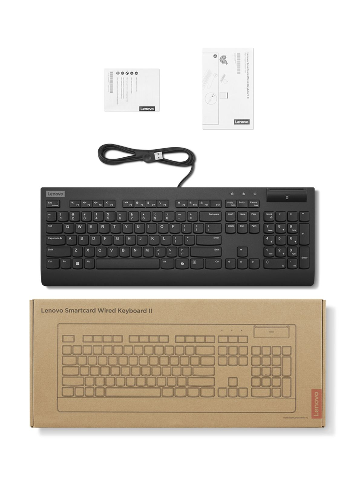 Una tastiera cablata nera Lenovo Smartcard Wired Keyboard II con cavo e confezione.
