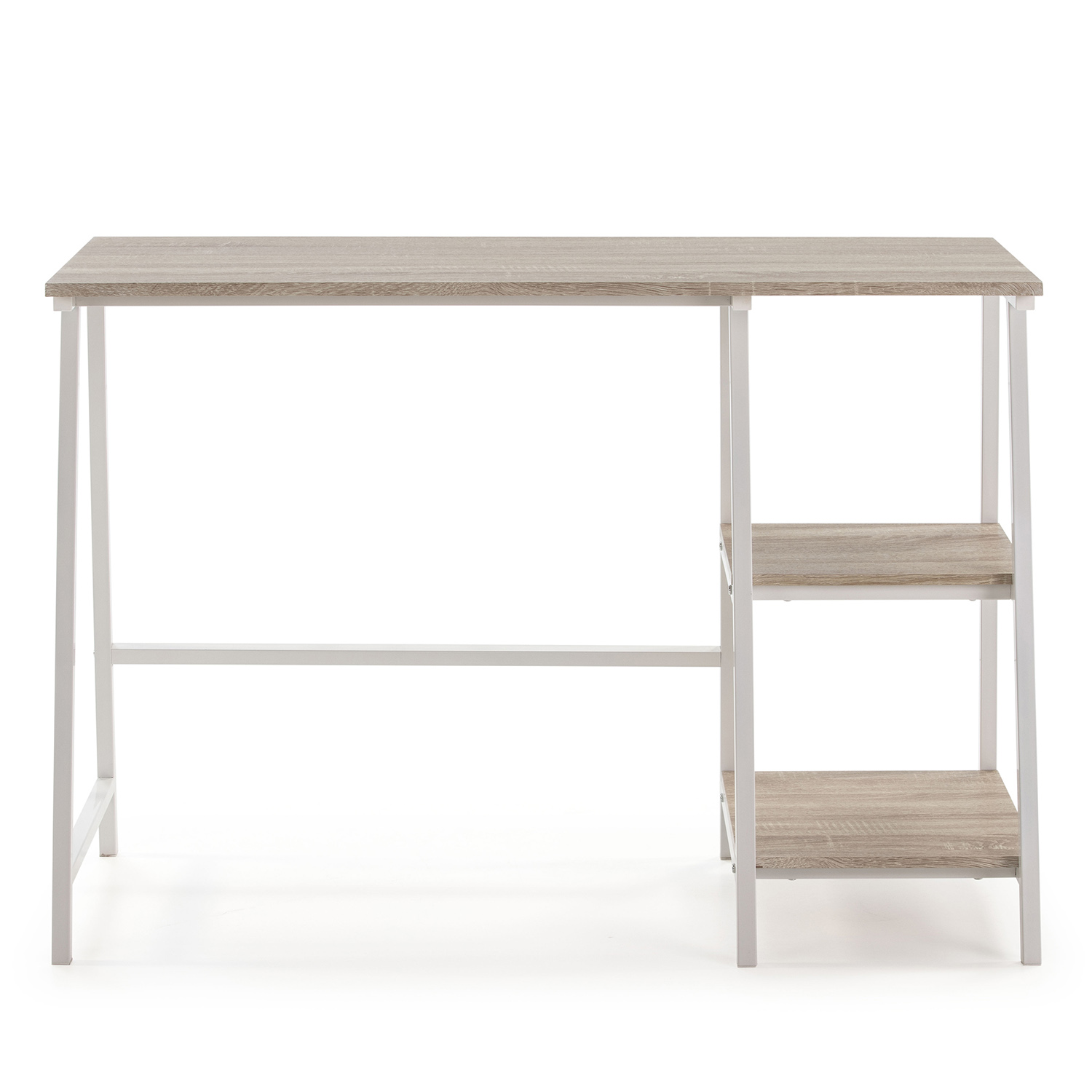 Escritorio moderno con tapa de madera clara, patas de metal blanco y dos estantes.