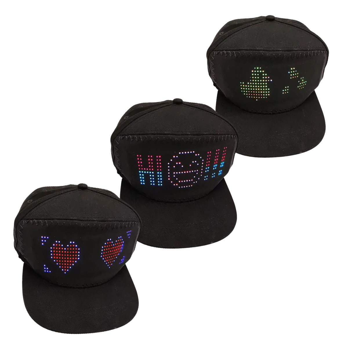 Tres gorras negras con pantallas LED. Corazones a la izquierda, "HI!!!" al centro, pato a la derecha.