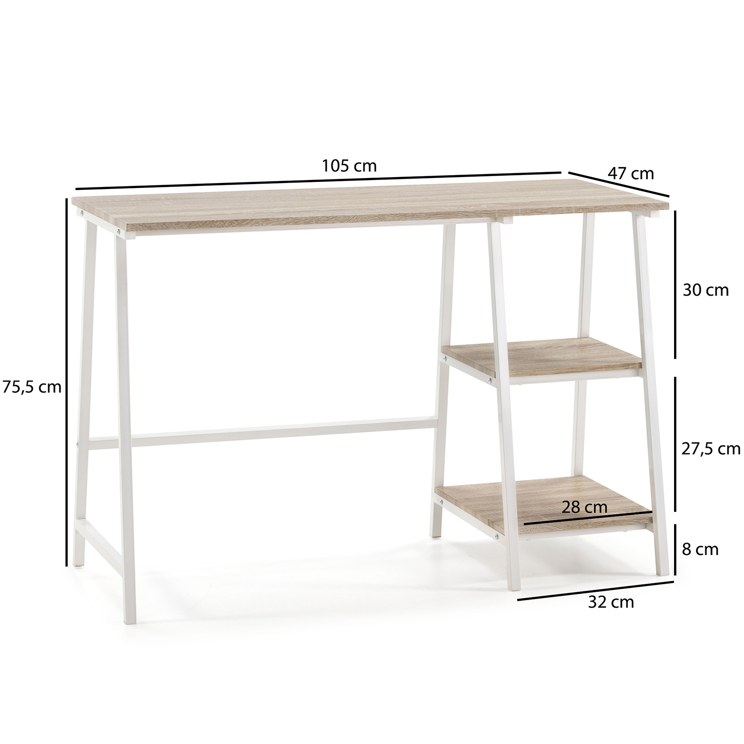 Un escritorio de madera clara con patas de metal blanco y estantes.