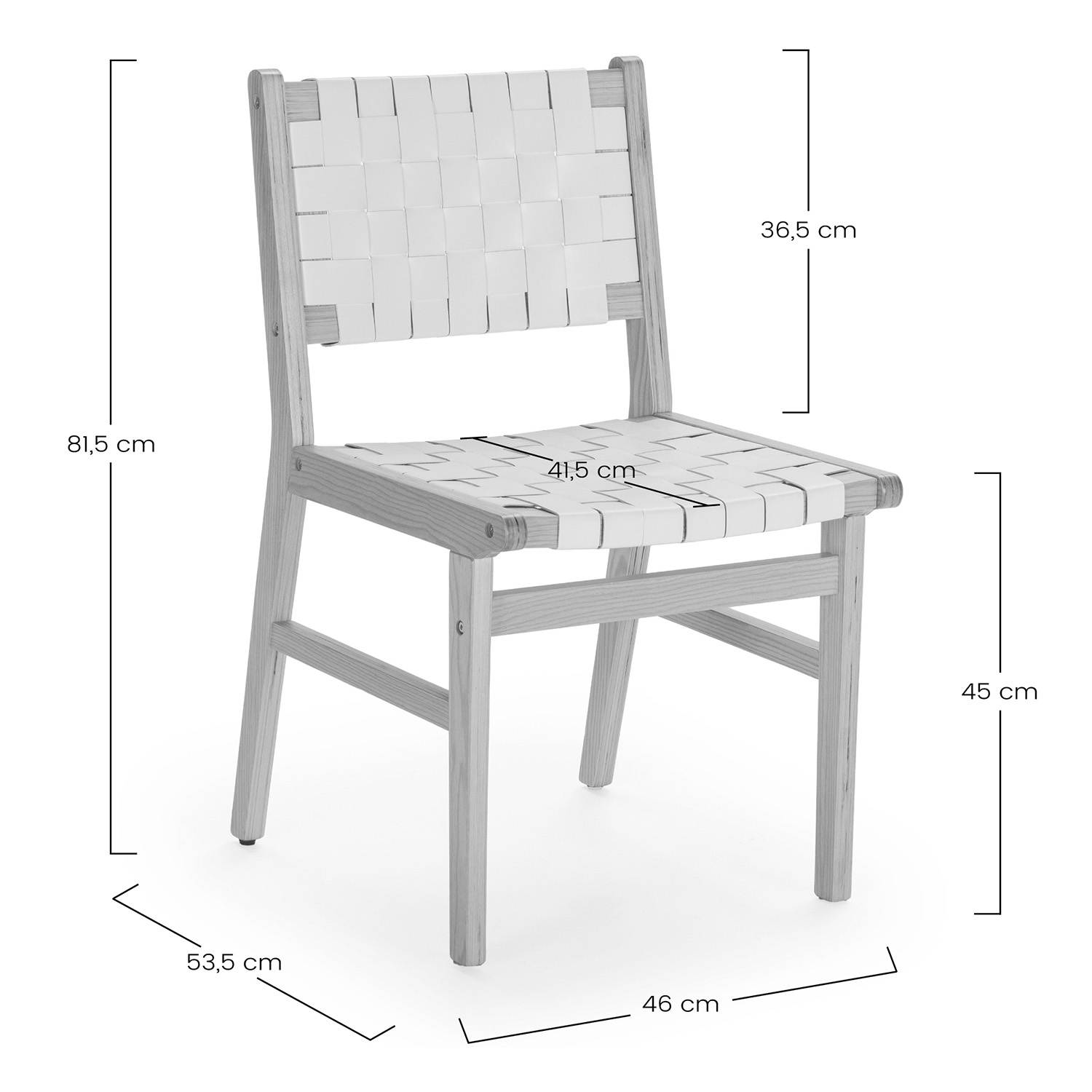 Silla de madera clara con asiento y respaldo blancos tejidos. Dimensiones mostradas.