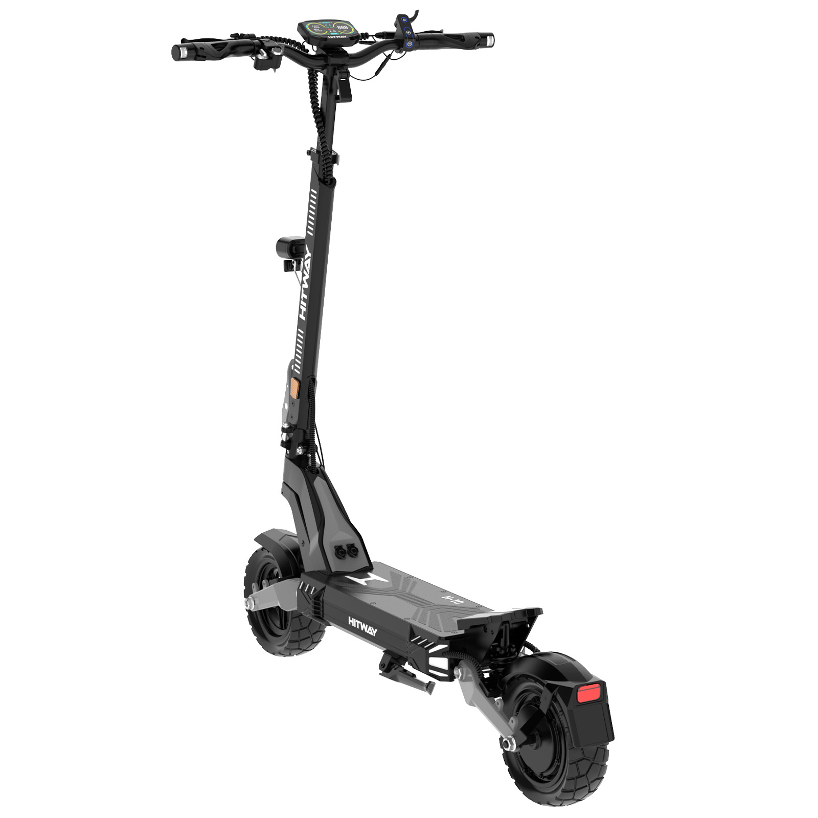 Ein schwarzer und grauer E-Scooter mit großen Rädern und einem Display am Lenker.