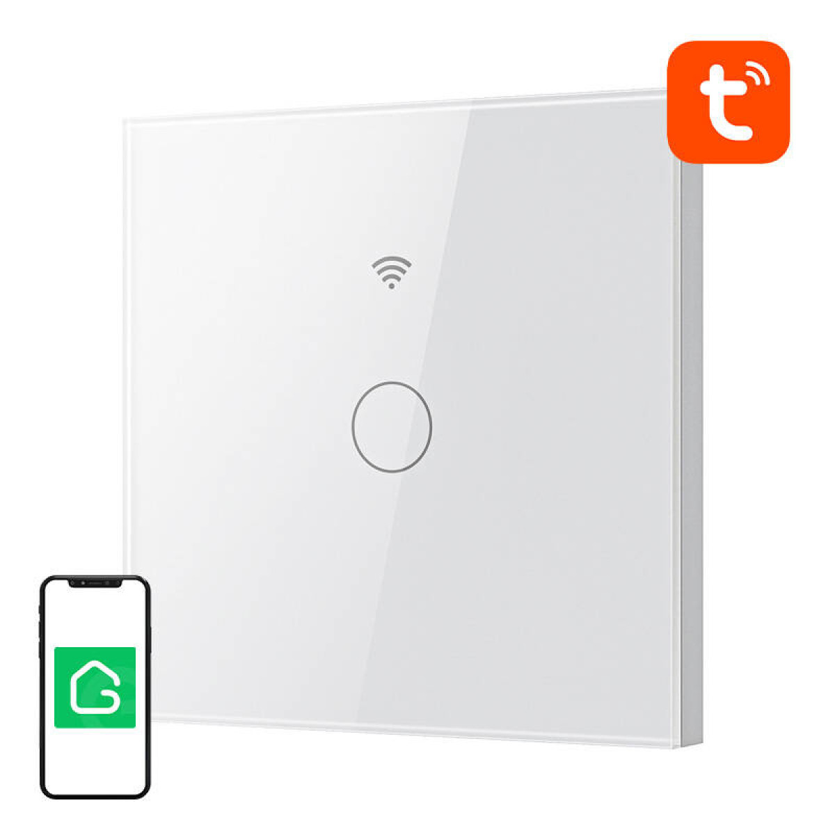 Biały włącznik ścienny z symbolem WiFi i kółkiem. Obok smartfon.