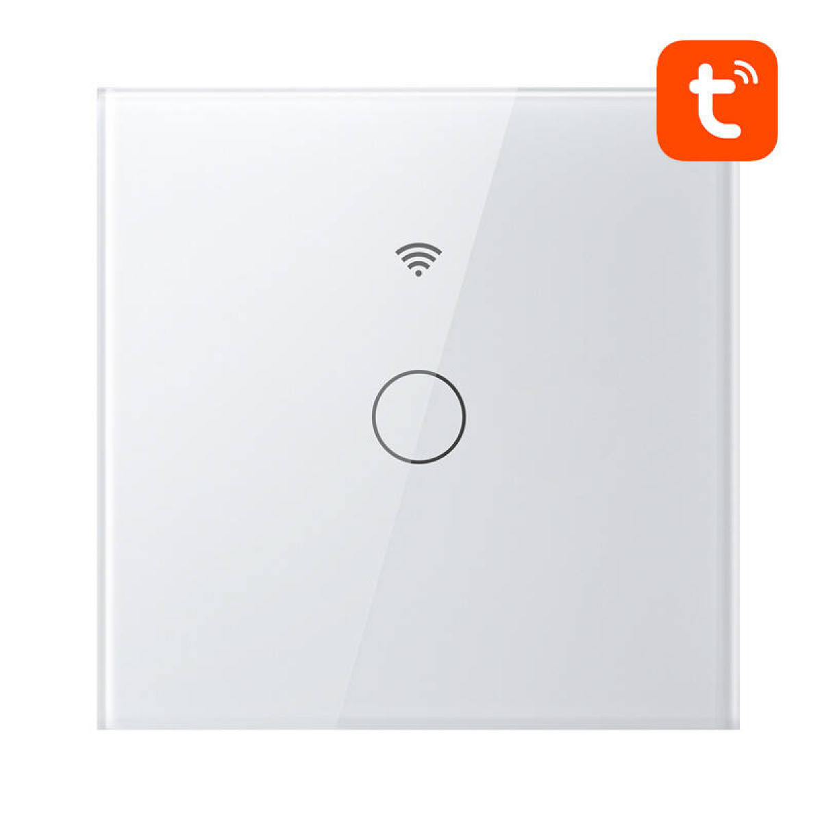 Biały, kwadratowy przełącznik smart z symbolem WiFi i pierścieniem, pomarańczowe logo Tuya.