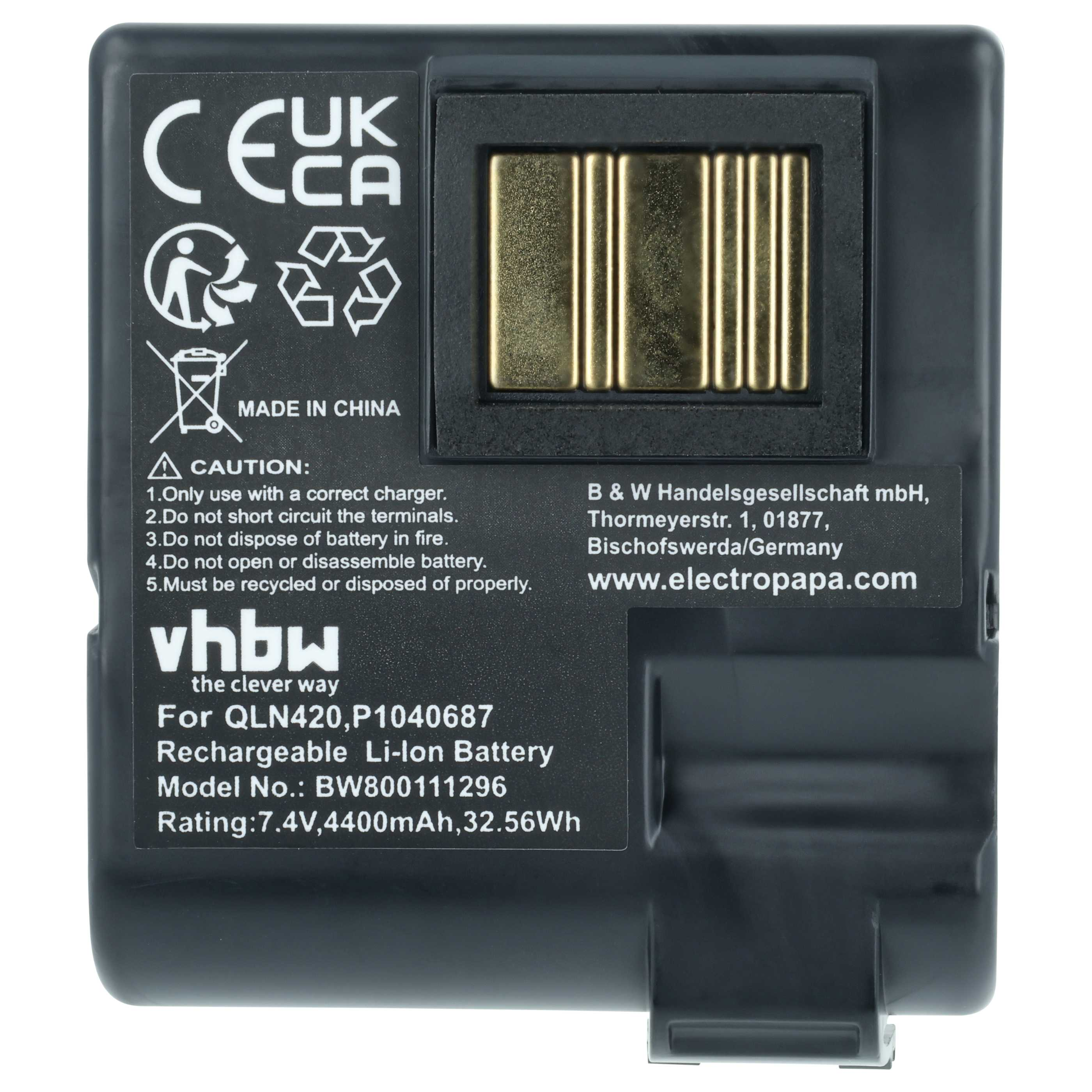 Schwarzer Akku für QLN420 mit CE, UKCA, Recycling-Symbolen.