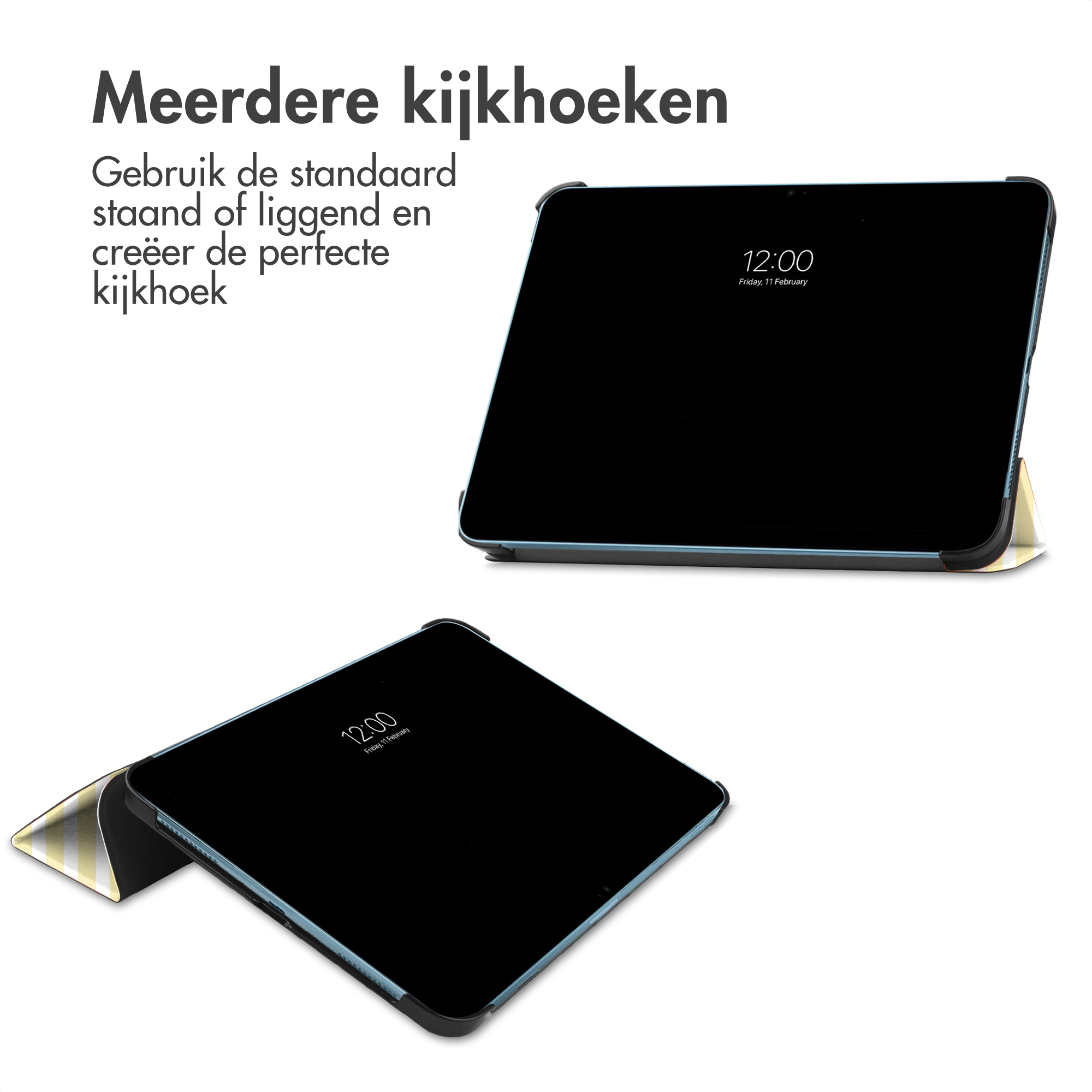 A tablet in portrait and landscape mode with a case acting as a stand.
