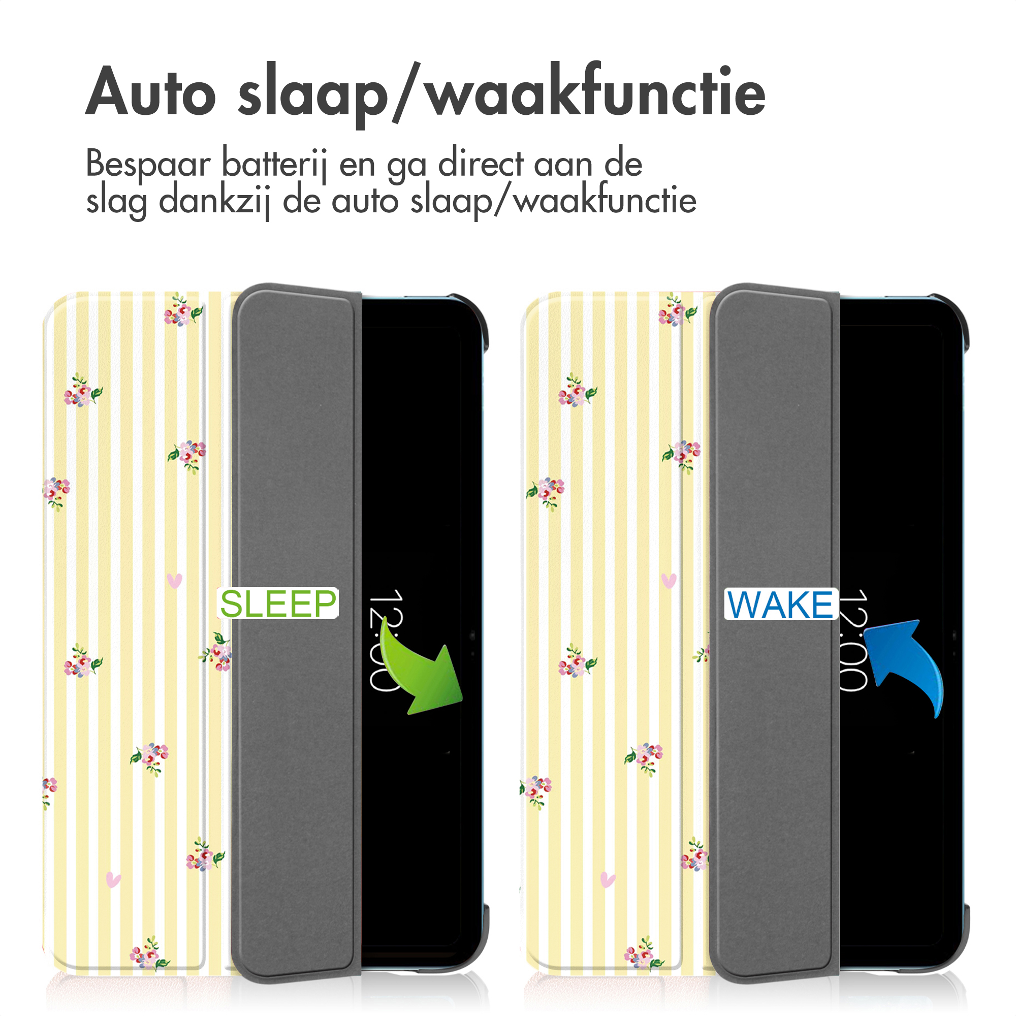Two phone cases with yellow and white stripes and floral pattern. One shows 'SLEEP', the other 'WAKE'.