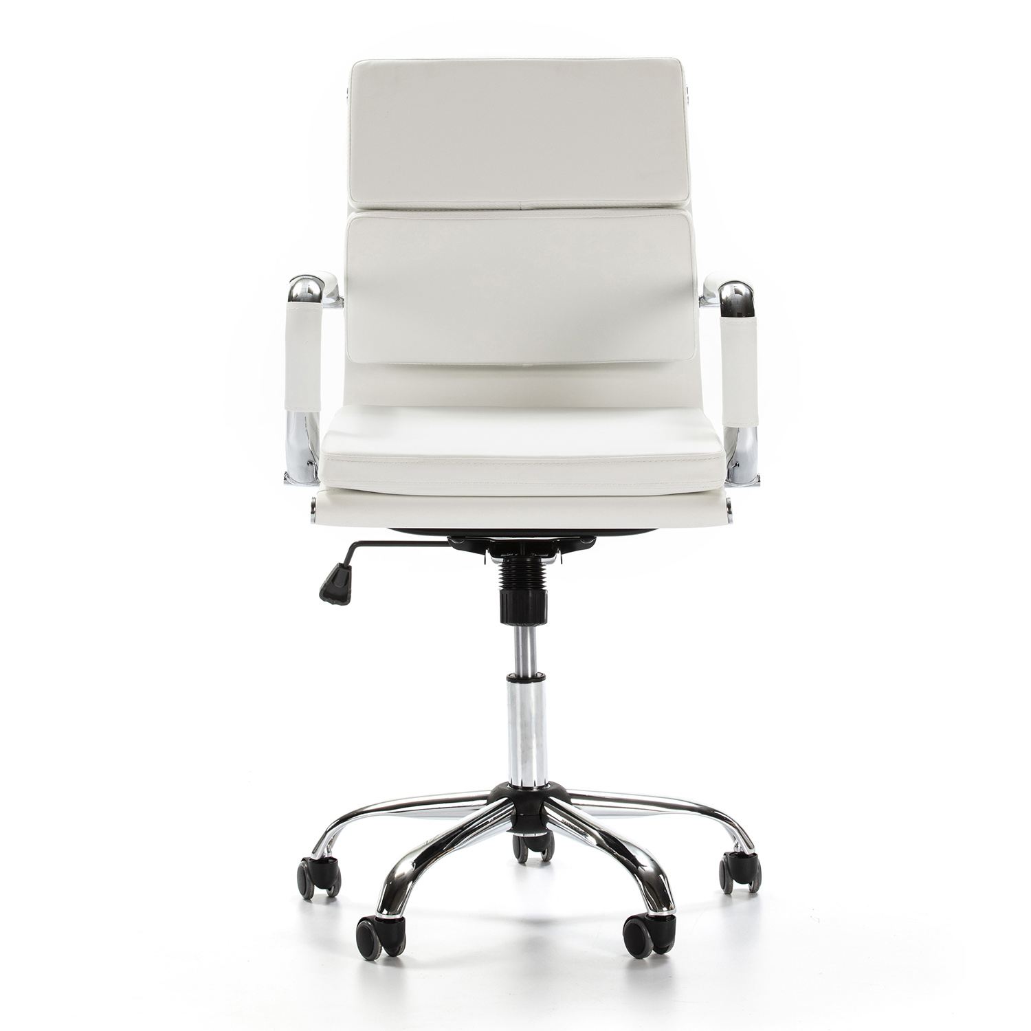 Una silla ejecutiva blanca con base y ruedas cromadas, vista de frente.