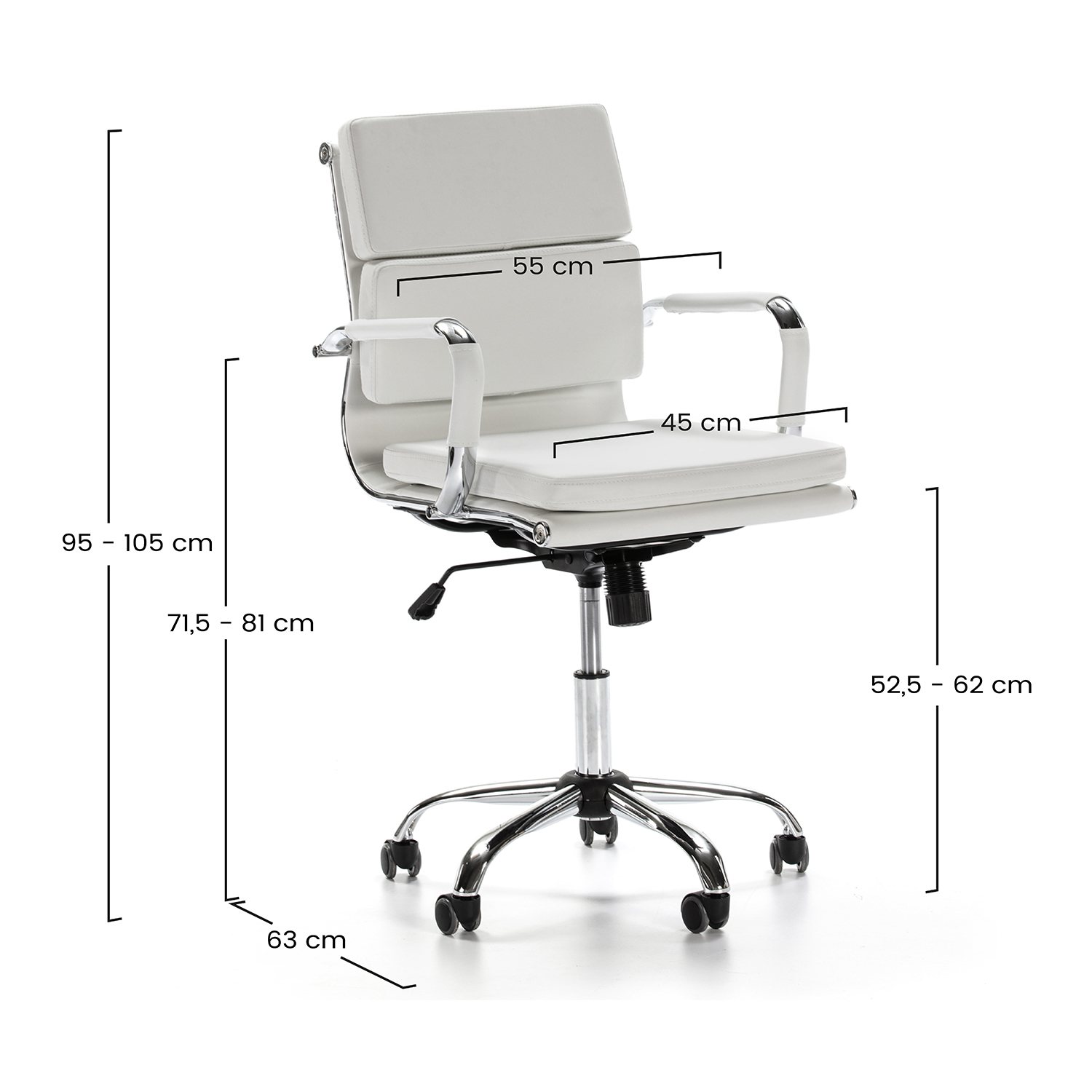 Silla de oficina blanca con detalles cromados y dimensiones.