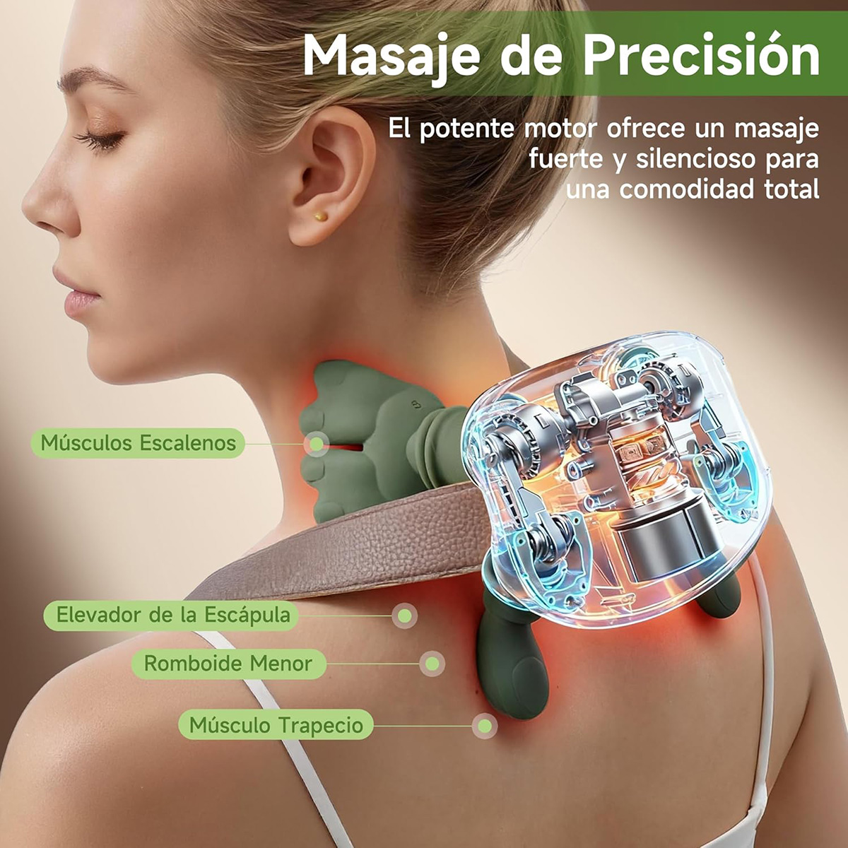 Un masajeador de cuello con motor visible se aplica a una mujer.