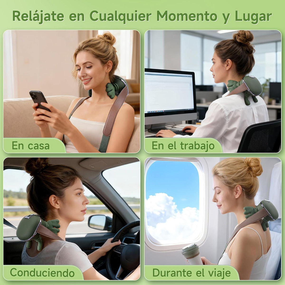 Cuatro mujeres usan un masajeador de cuello en casa, trabajo, coche y avión.